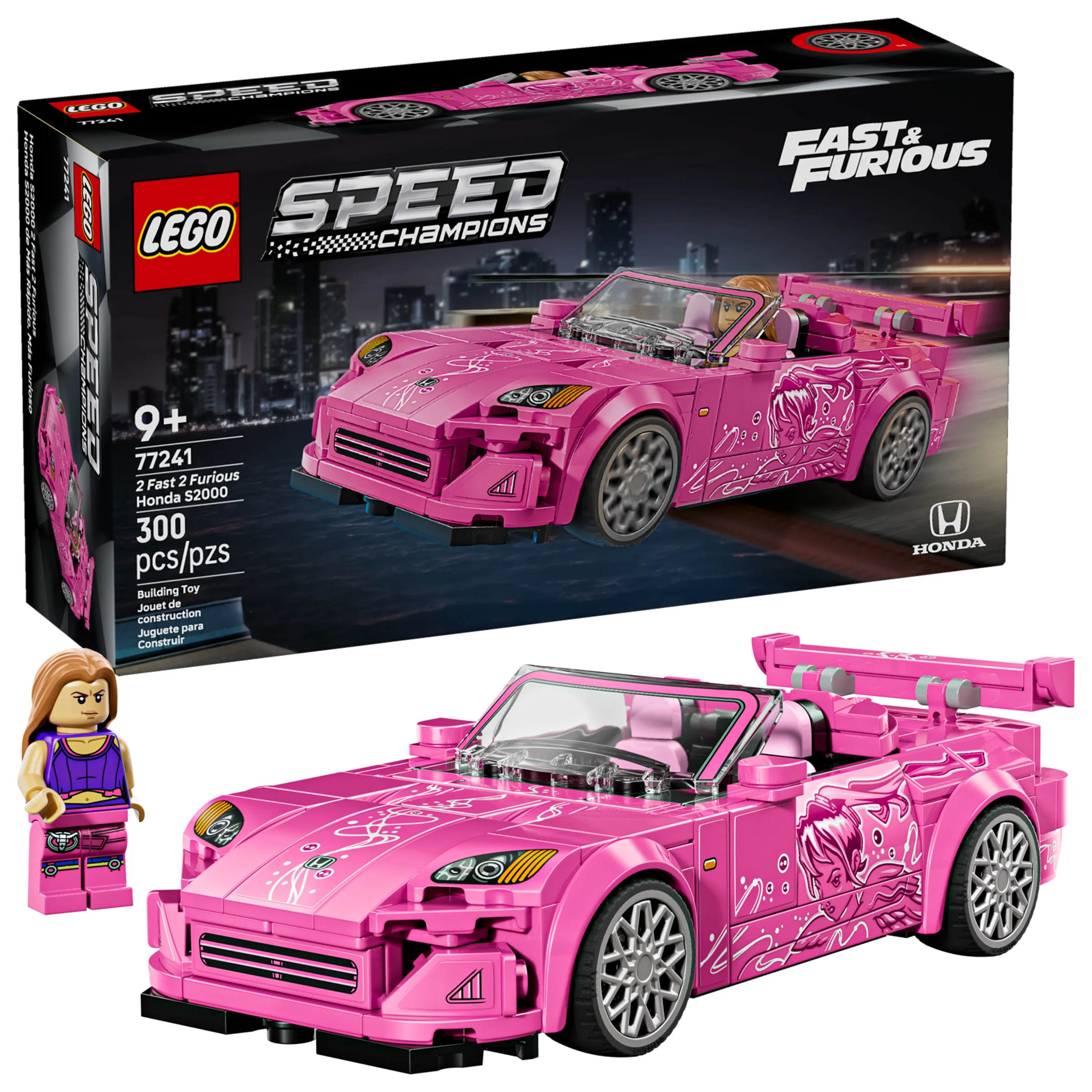 Imagine cu setul LEGO 77241, Honda S2000 din 2 Fast 2 Furious, și cutia acestuia. Modelul este roz și are o minifigurină.