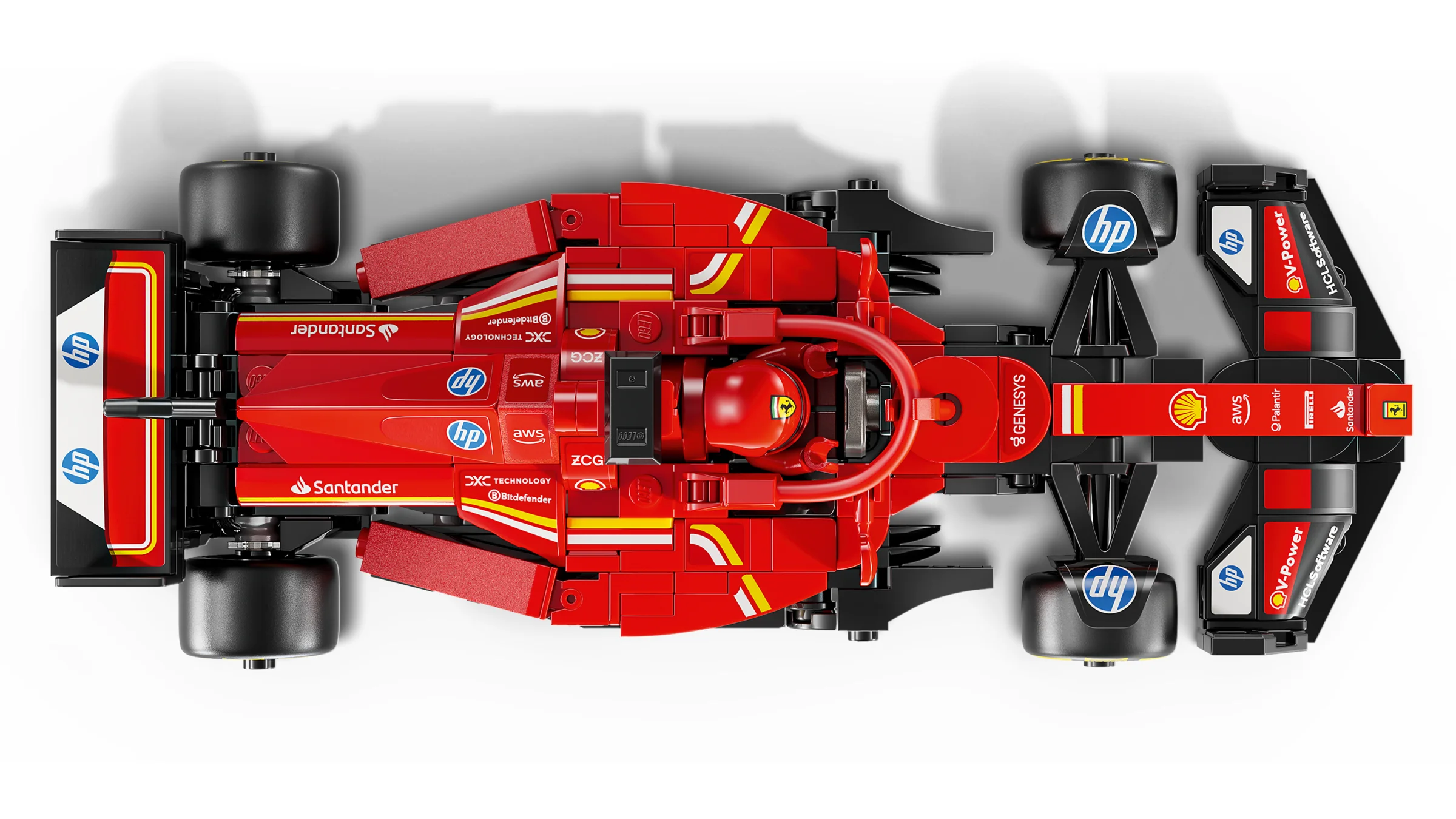 Imagine detaliată de sus a modelului Ferrari SF-24, roșu, cu detalii sponsor și pneuri.