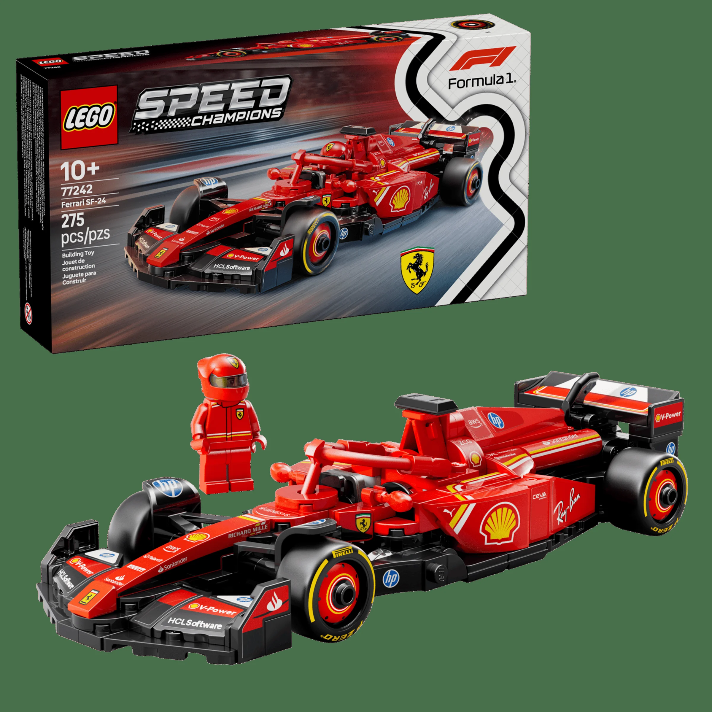 Imagine cu LEGO Ferrari SF-24 (77242), cu minifigurina pilot și cutia produsului.