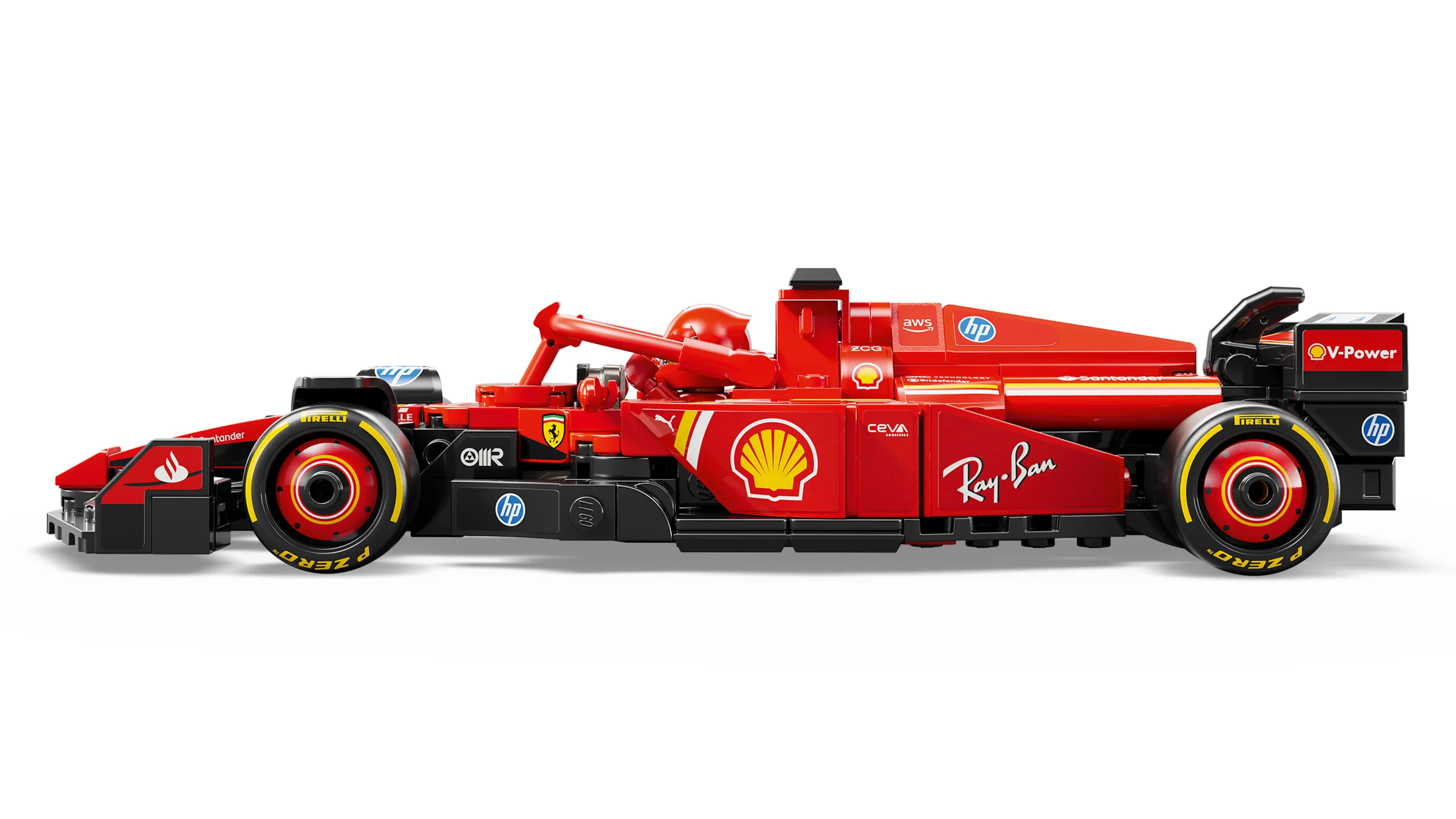 Modelul Ferrari SF-24 din LEGO Speed Champions, văzut din profil, detaliind sponsorii.