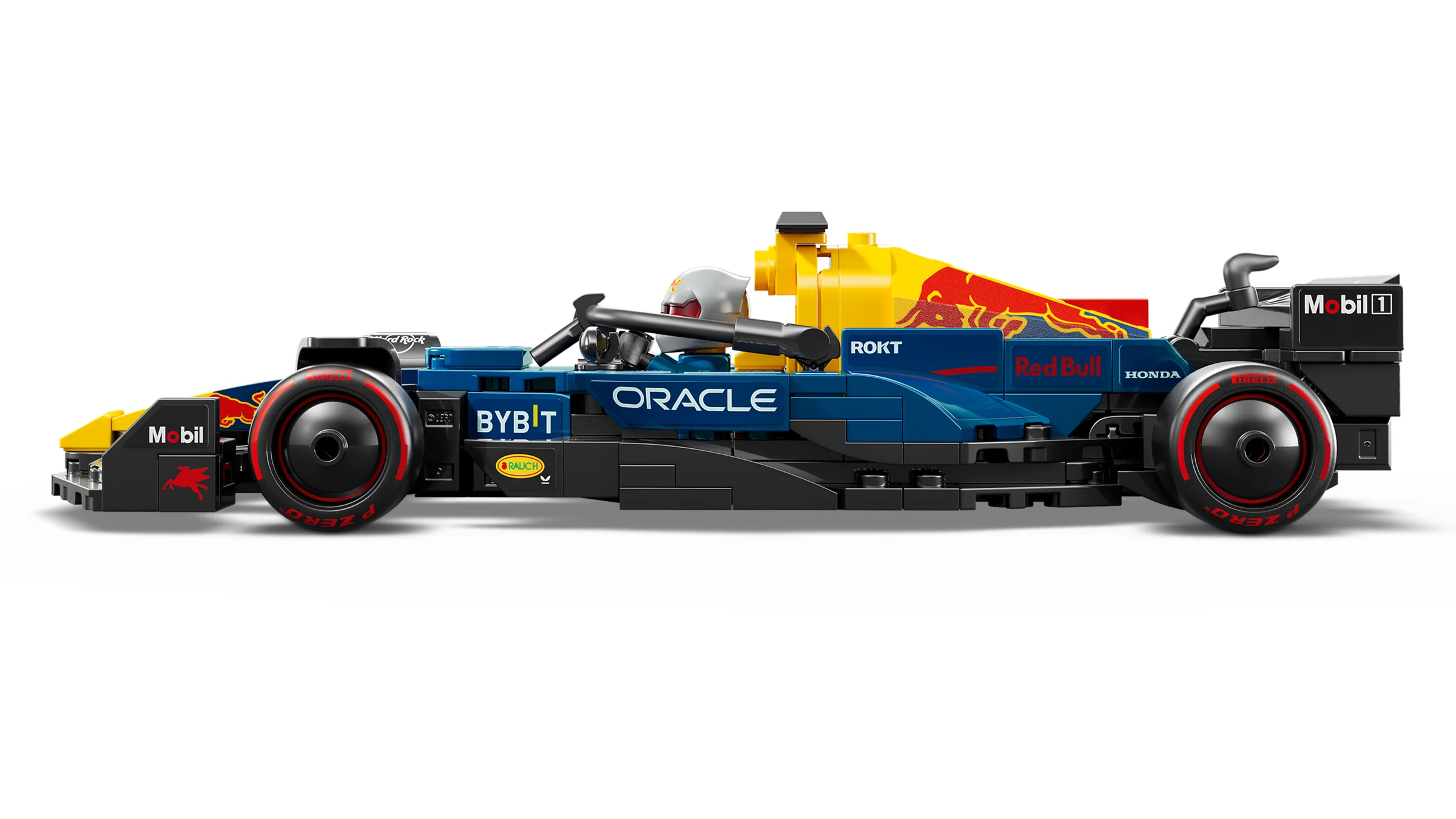 Mașină de curse LEGO Red Bull RB20, lateral. Detalii autentice și design captivant.