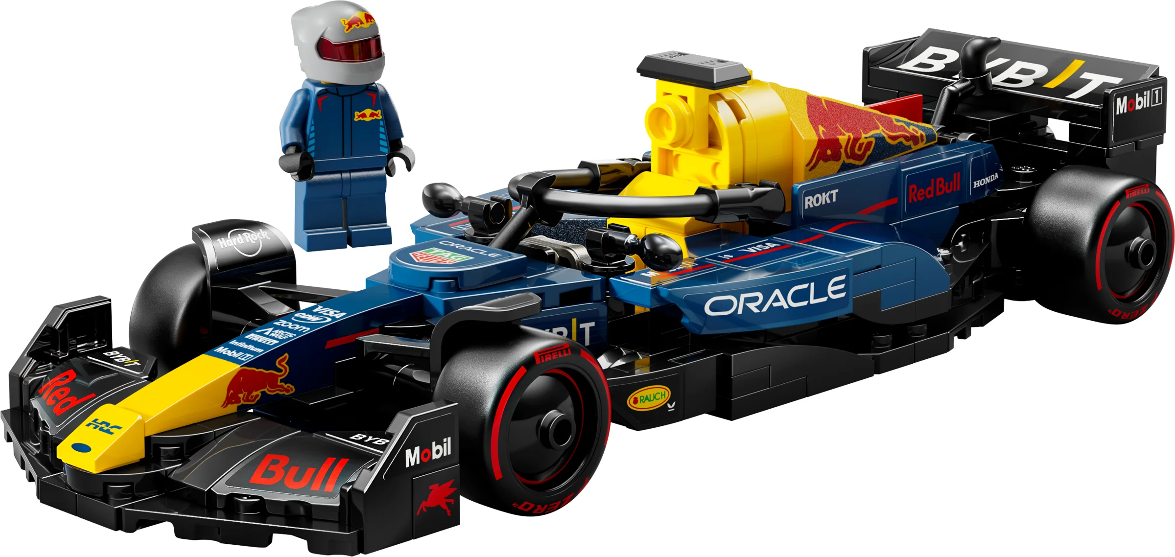 Imagine cu modelul LEGO Red Bull Racing RB20, cu o minifigurină. Mașină detaliată, culori realiste.