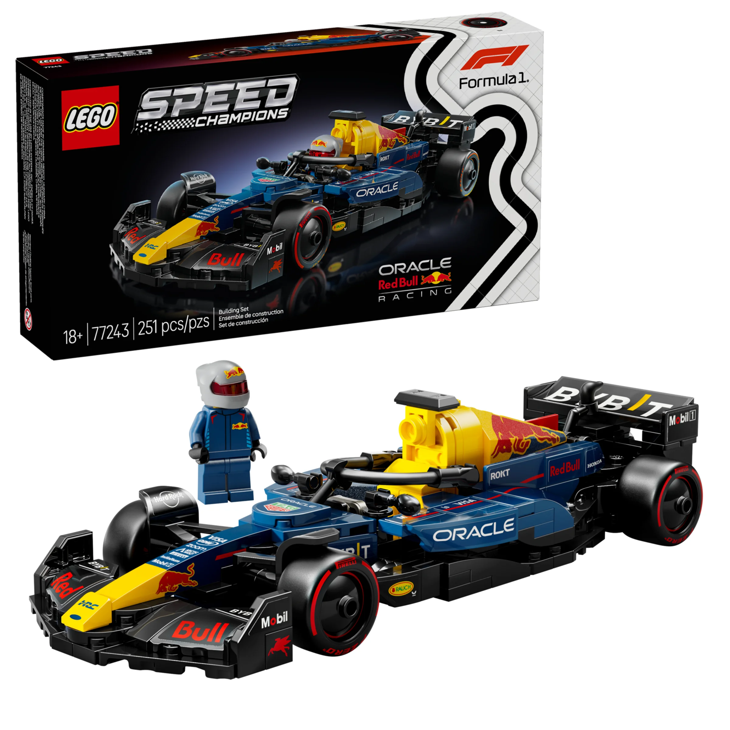 Imagine cu setul LEGO 77243 Oracle Red Bull Racing RB20, modelul și cutia, plus o minifigurină.