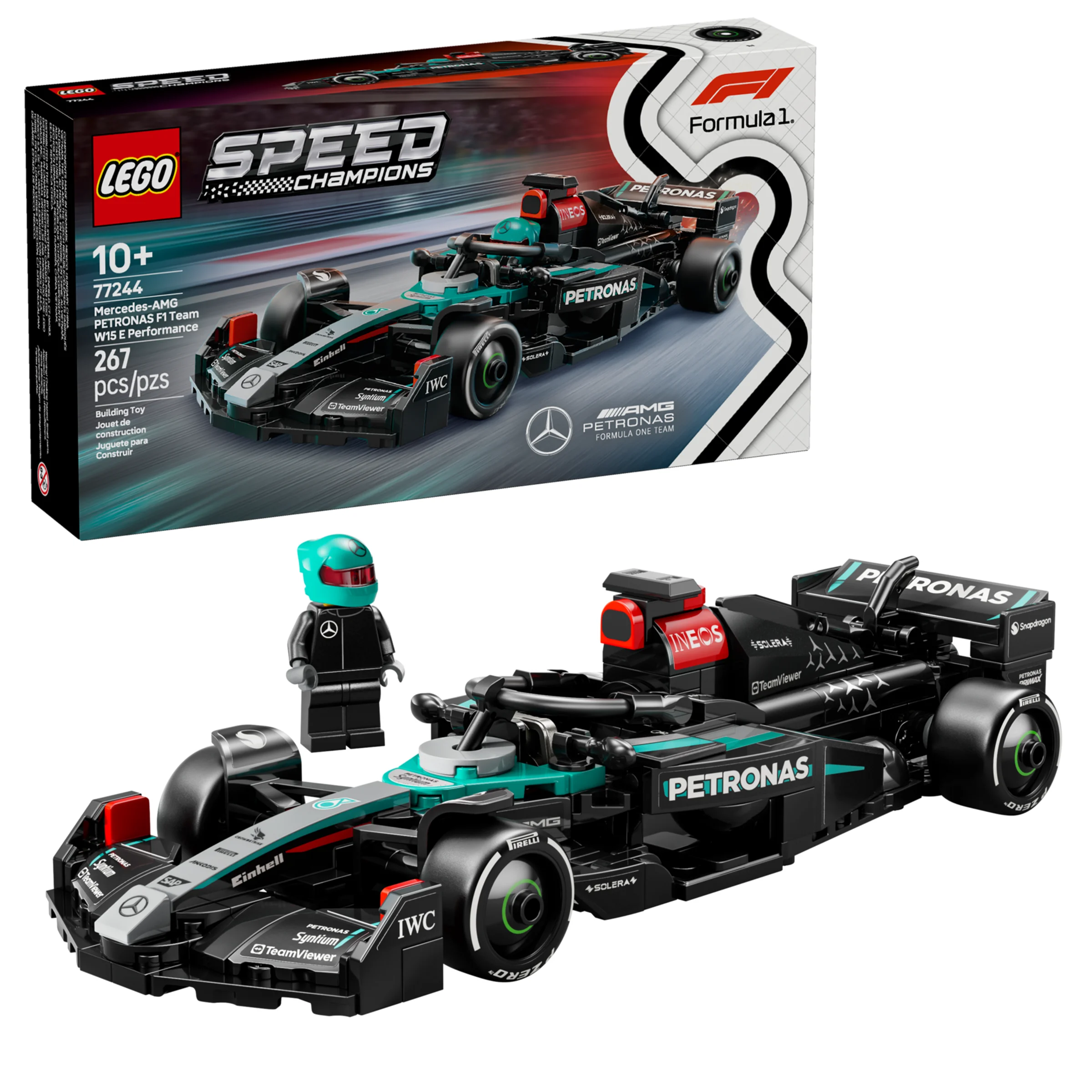 Imagine cu setul LEGO 77244 Mercedes-AMG PETRONAS F1 Team W15 E Performance și cutia sa.