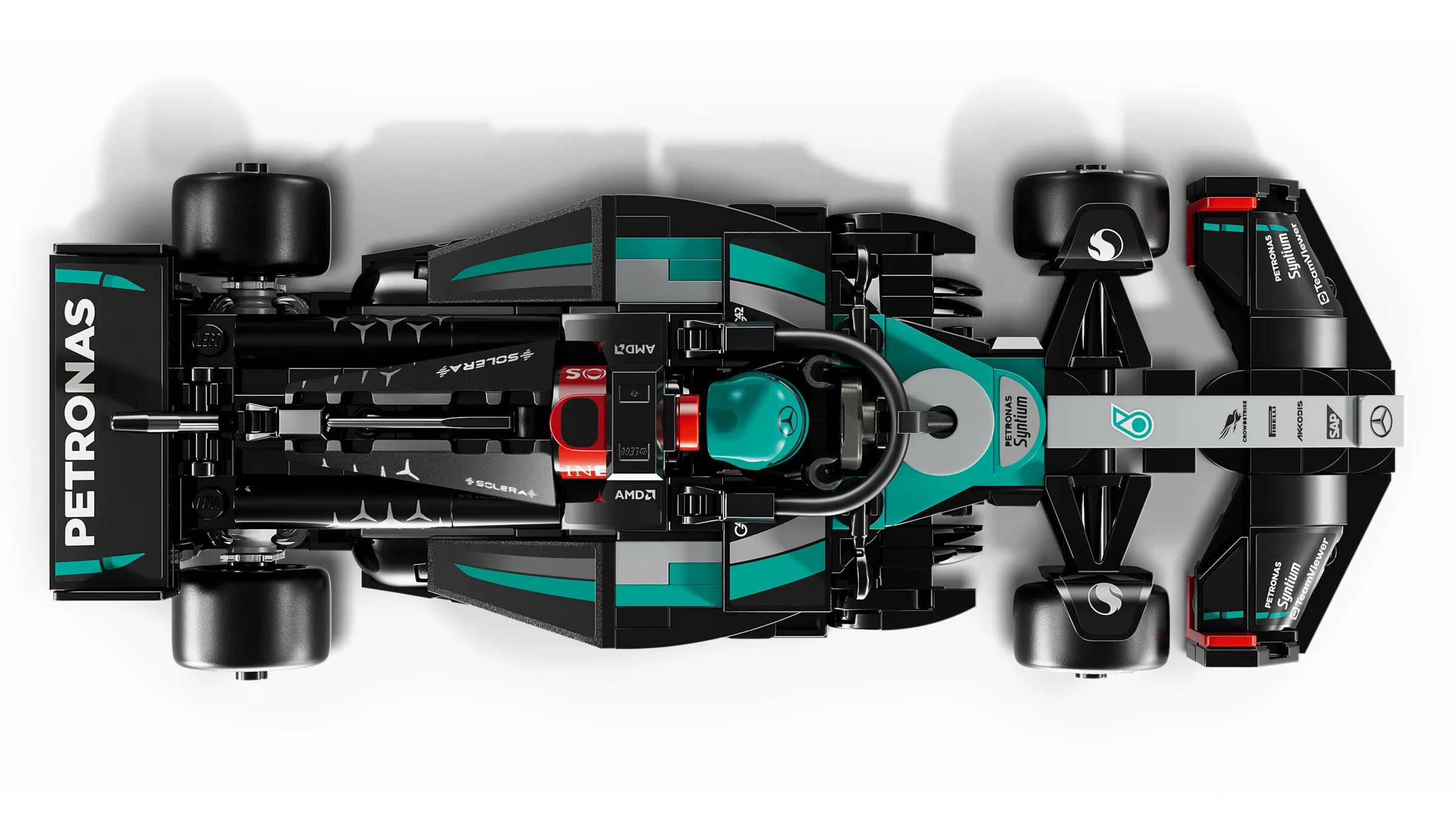 Vedere de sus a modelului LEGO Mercedes-AMG PETRONAS F1 Team W15 E Performance.