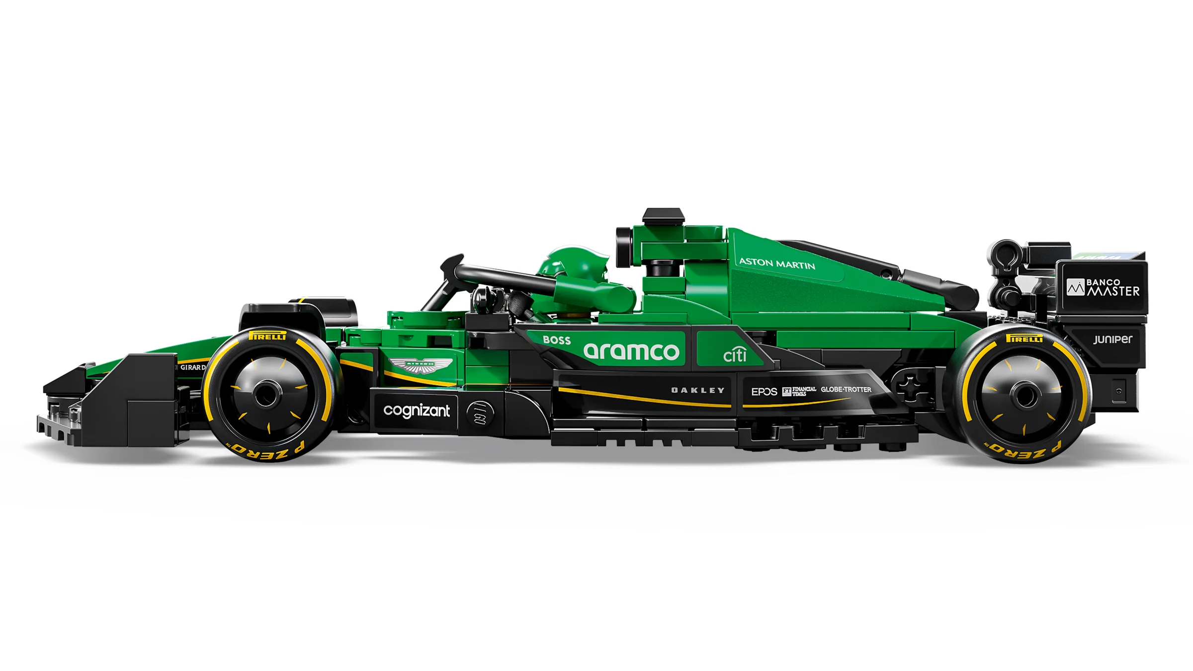 Aston Martin Aramco F1 AMR24 LEGO, vedere laterală, verde și negru, cu toate detaliile.