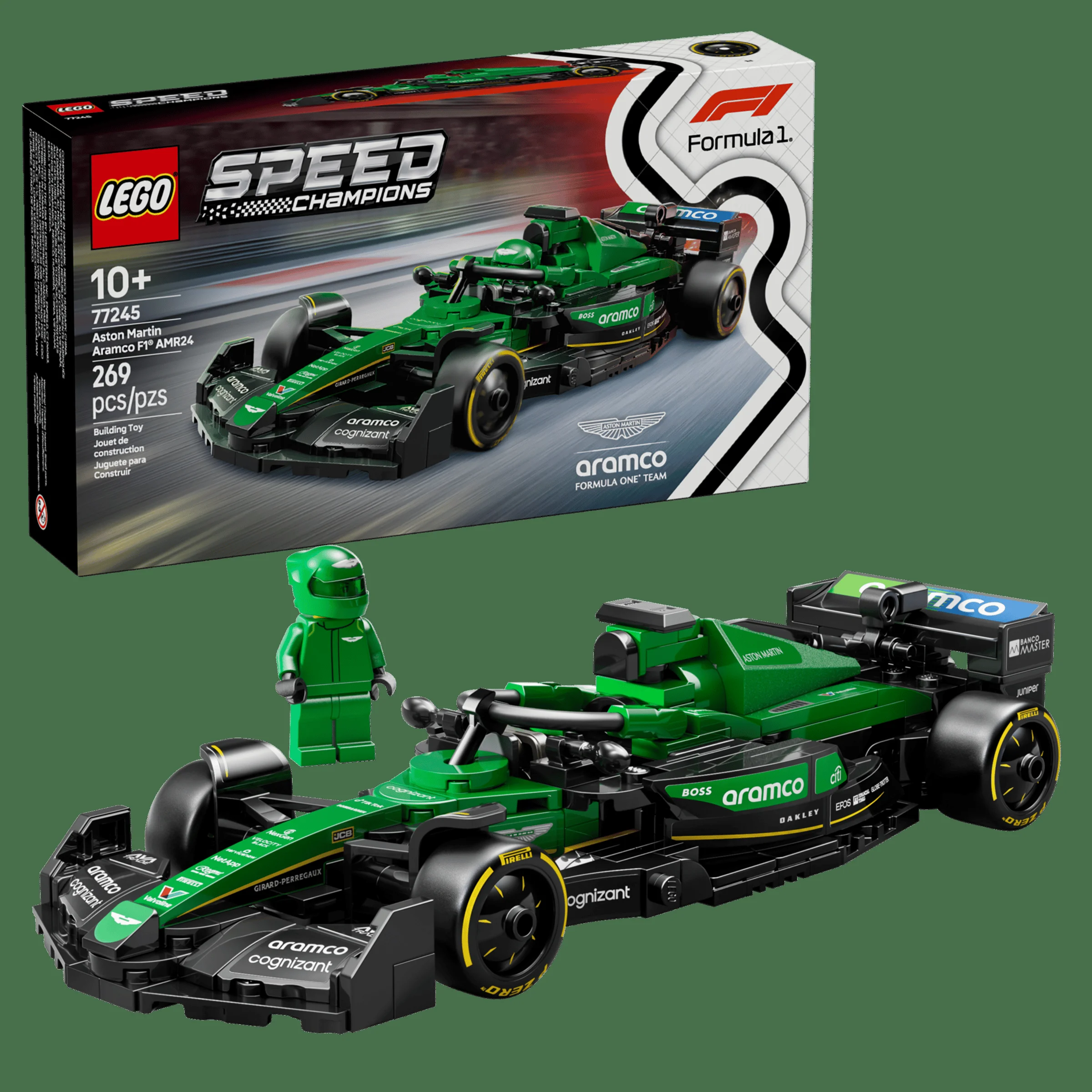 Imagine cu setul LEGO 77245 Aston Martin Aramco F1 AMR24 și cutia sa, plus o minifigurină.