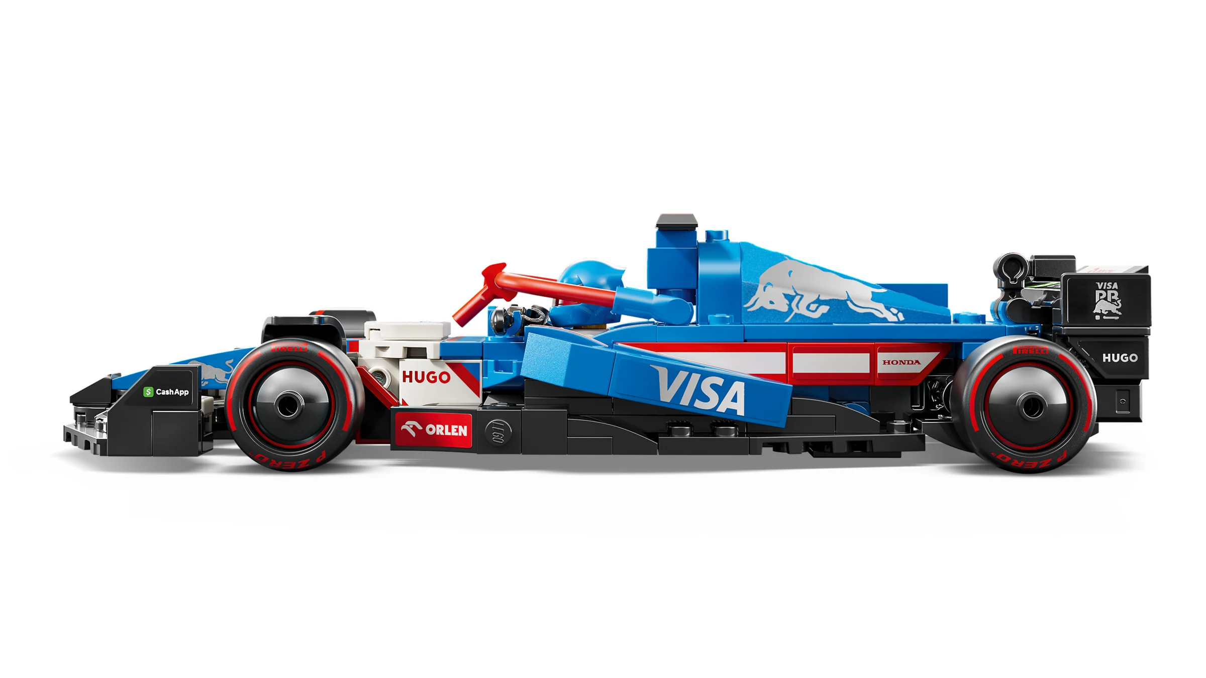 Imagine laterală detaliată a modelului LEGO VCARB 01, evidențiind designul și sponsorizările.