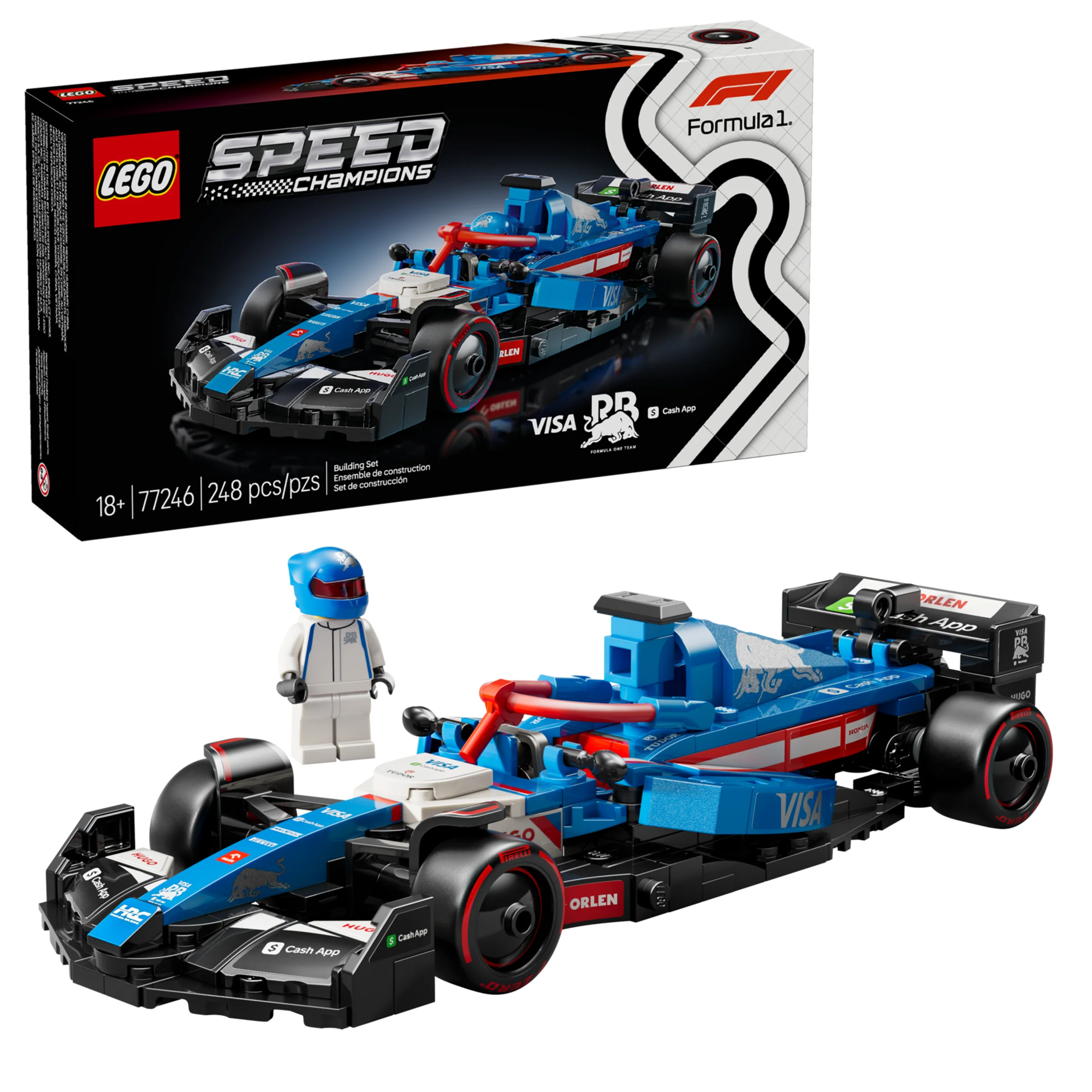 Imagine cu setul LEGO Speed Champions 77246 VCARB 01, modelul și cutia fiind vizibile.