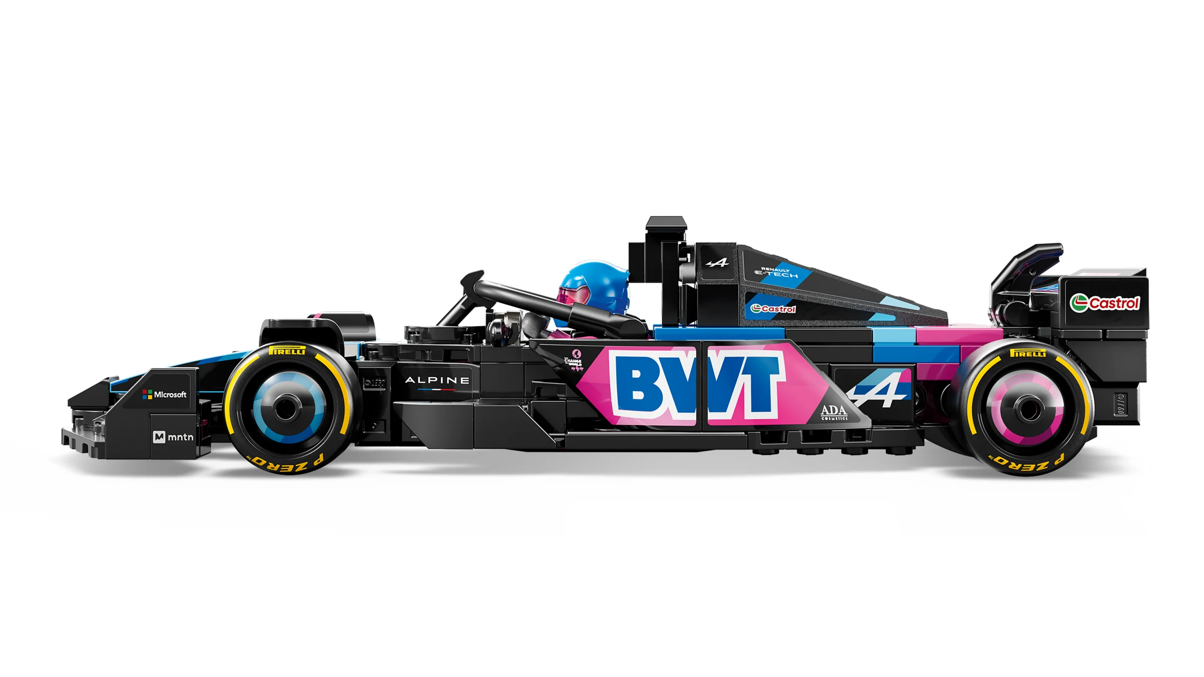 Modelul LEGO al monopostului BWT Alpine F1 Team A524, prezentat din lateral. O replică detaliată.