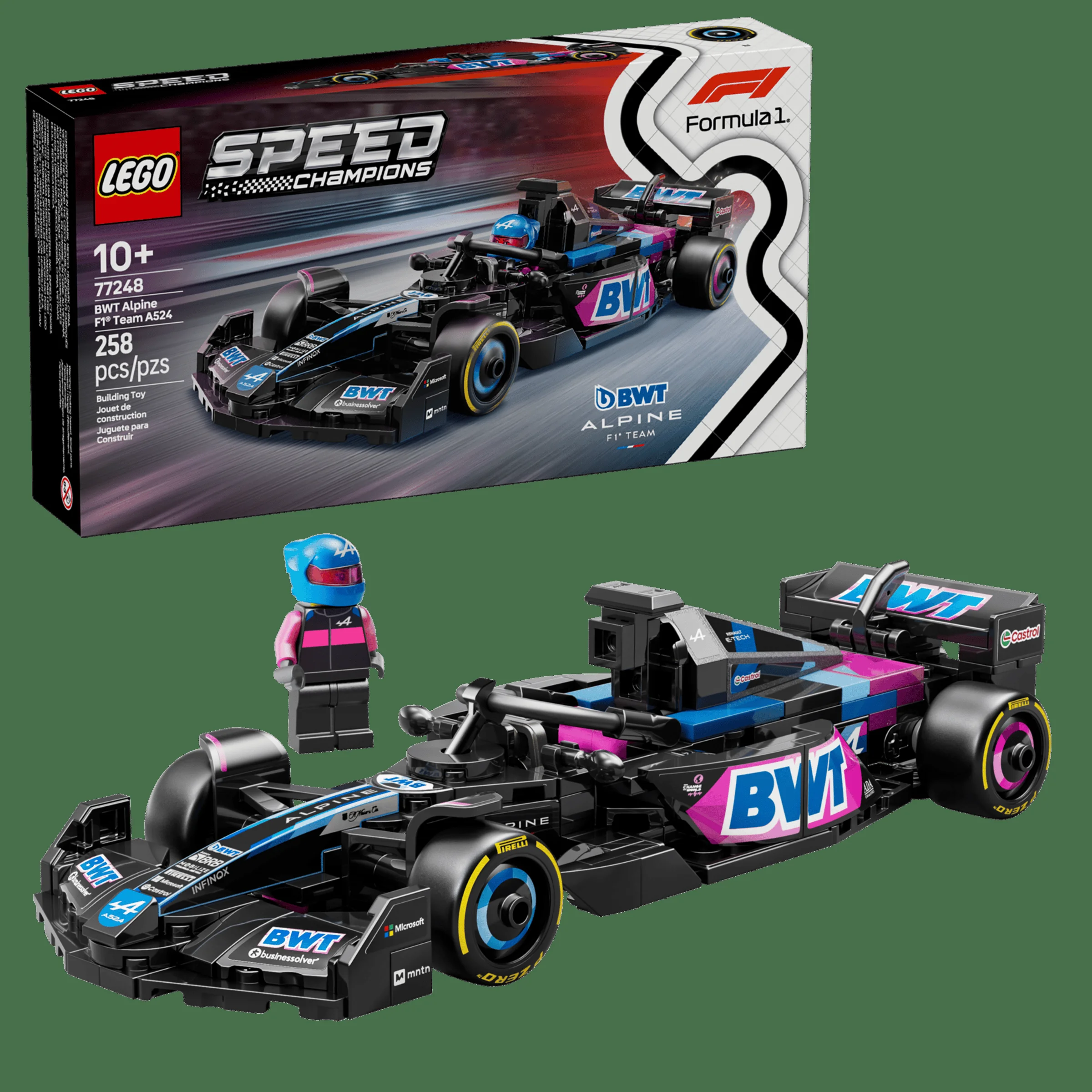 Imagine cu setul LEGO 77248 BWT Alpine F1 Team A524, cu monopostul și minifigurina.
