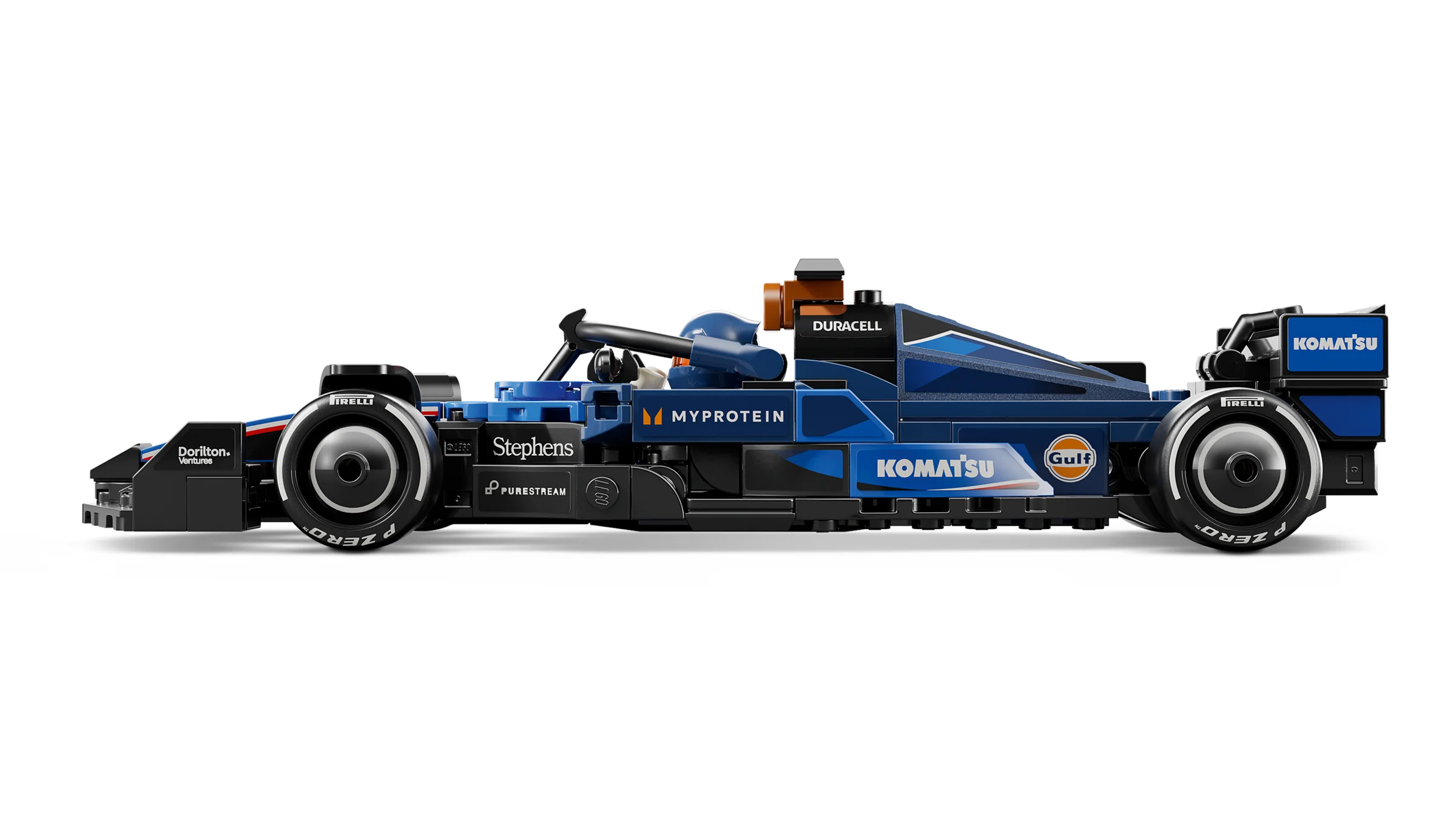Imagine cu modelul LEGO Williams Racing FW46, văzut din profil. Mașina este albastră și neagră.