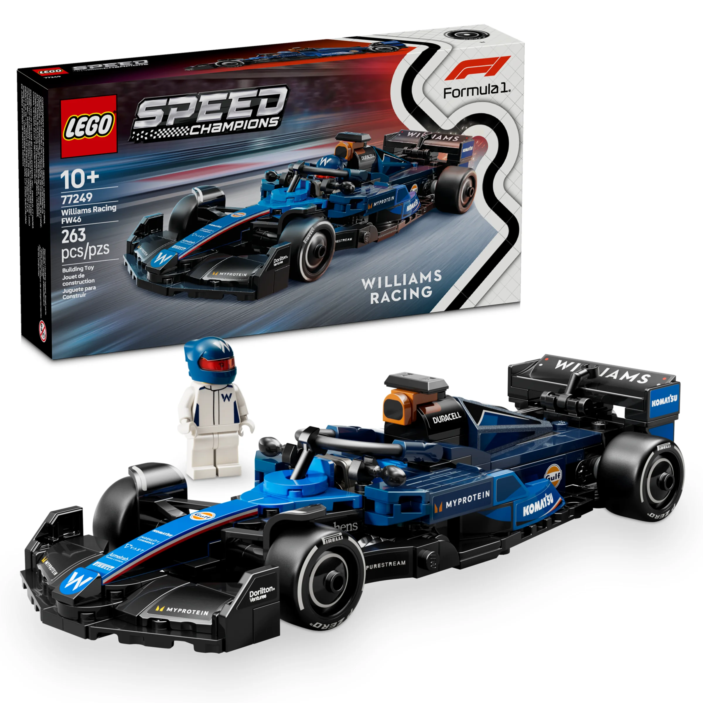 Imagine cu setul LEGO 77249 Williams Racing FW46, incluzând mașina, minifigurina și cutia.