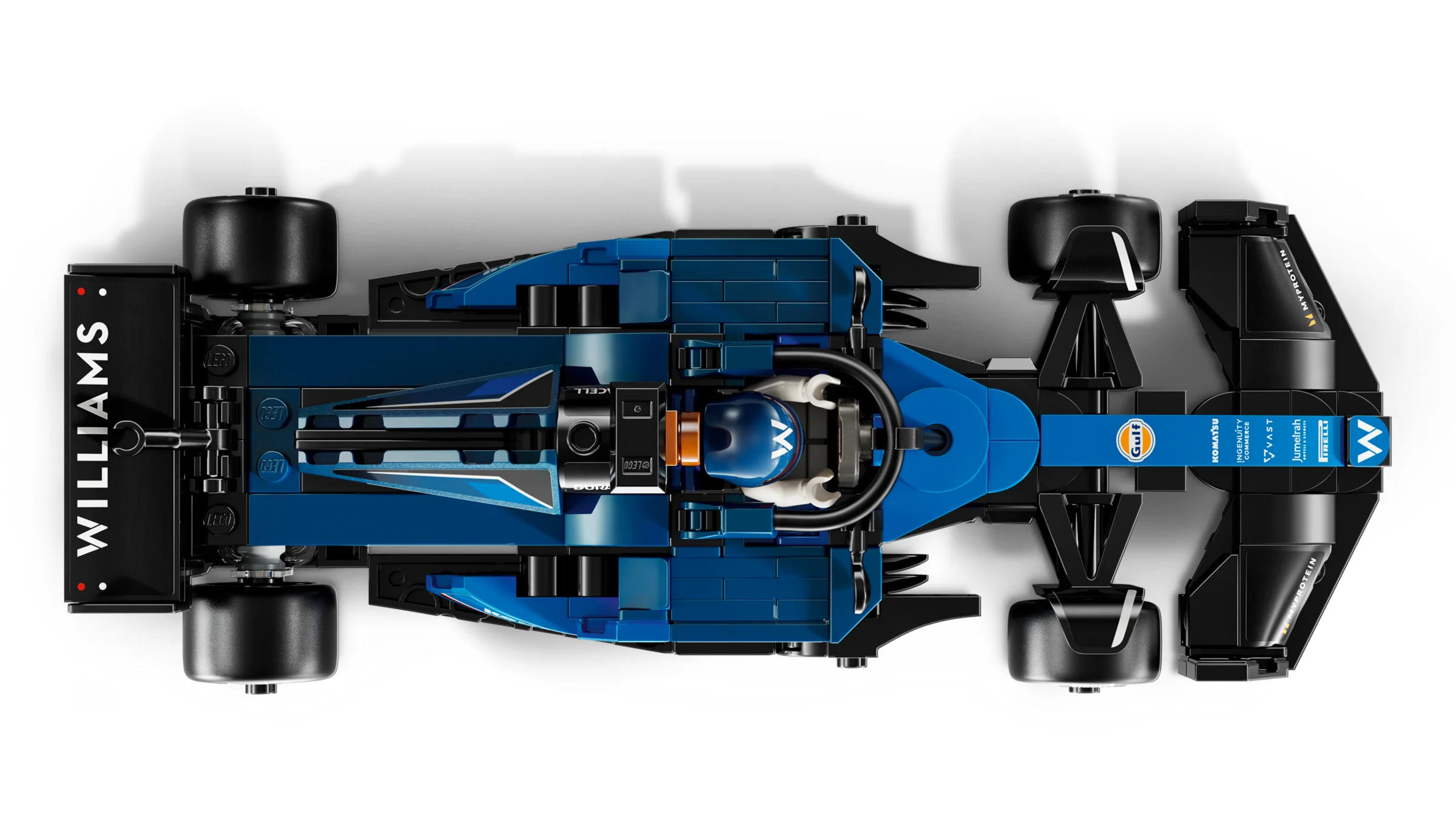 Imagine de sus a modelului LEGO Williams Racing FW46, detaliind construcția și designul.