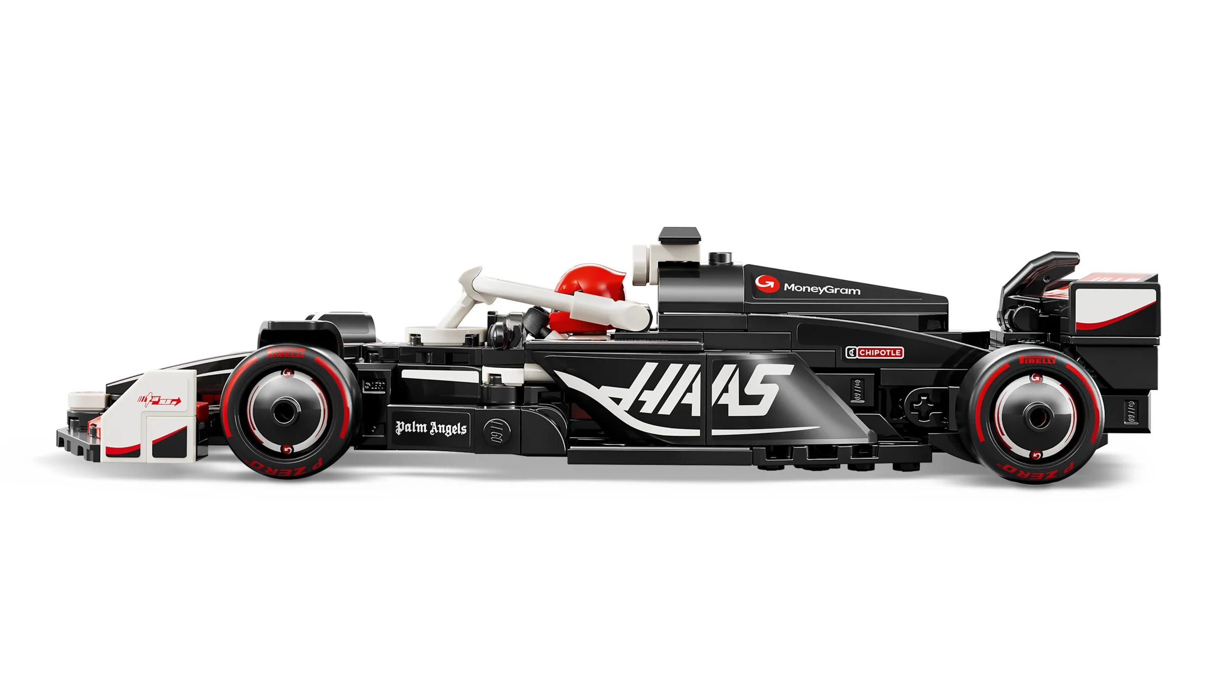 Modelul LEGO al monopostului Haas F1 VF-24, cu detalii realiste și sponsorizări.