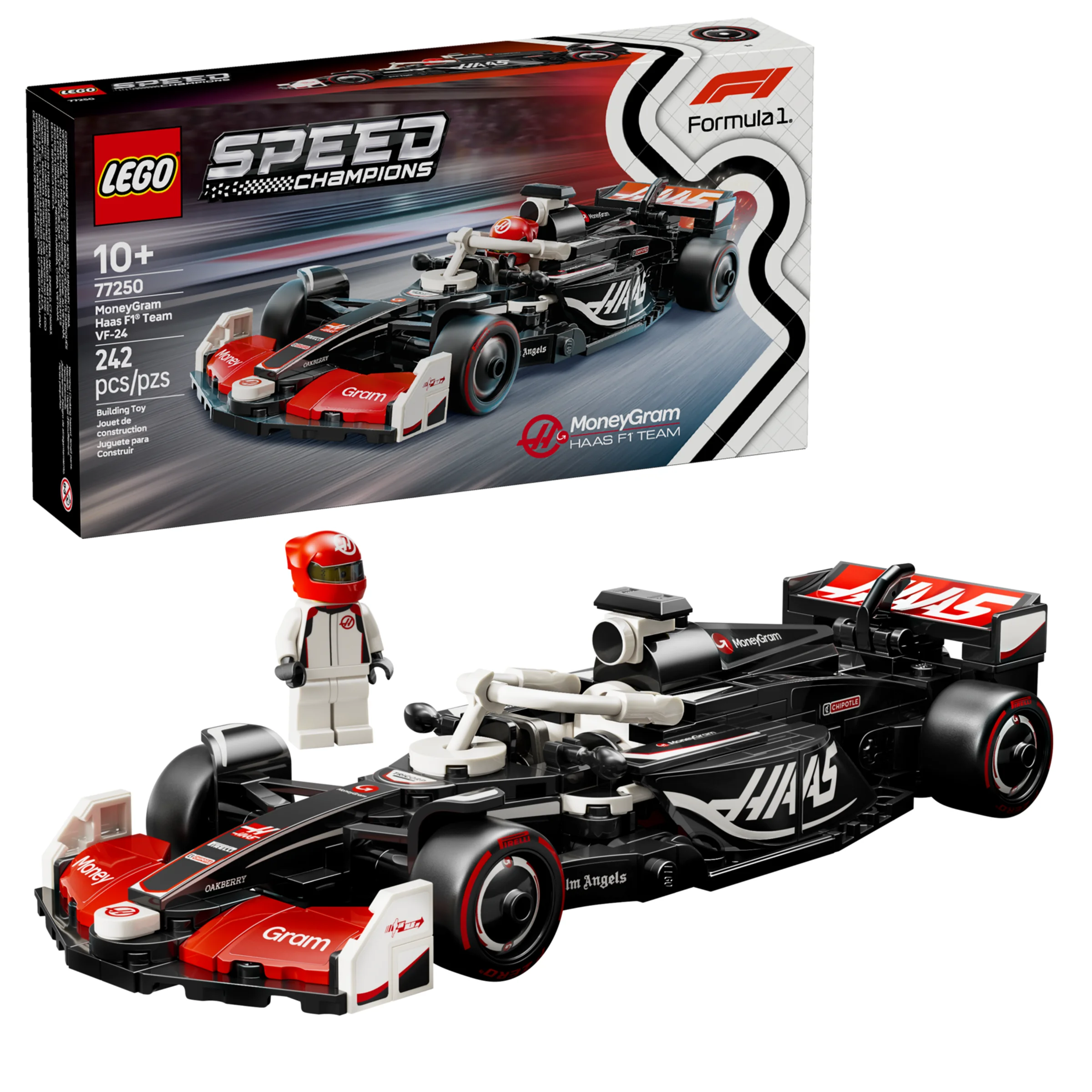 Imagine cu setul LEGO 77250 MoneyGram Haas F1 Team VF-24 și cutia, plus o minifigurină.