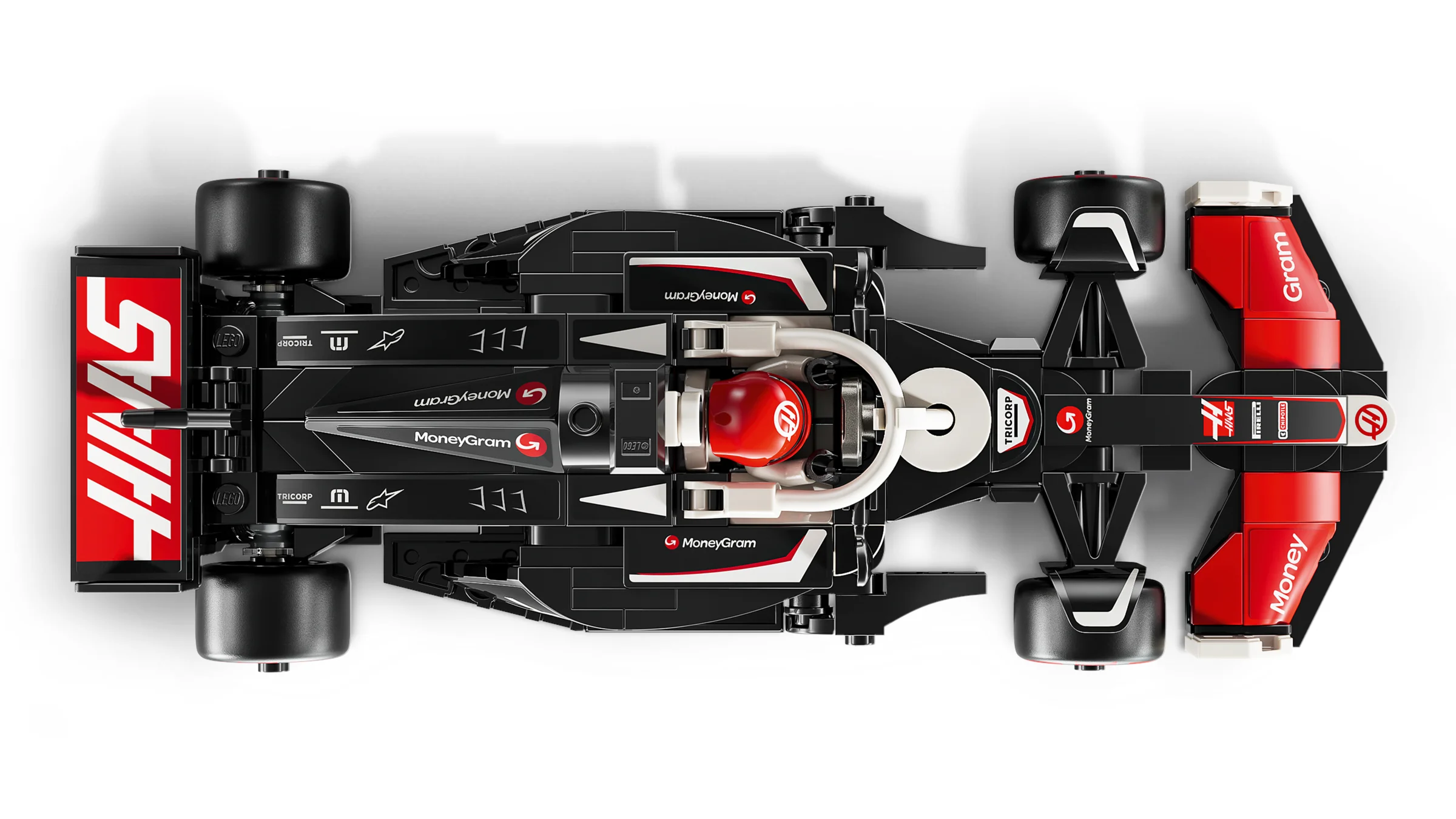 Vedere de sus a modelului LEGO Haas F1 VF-24. Se văd detaliile autocolantelor.