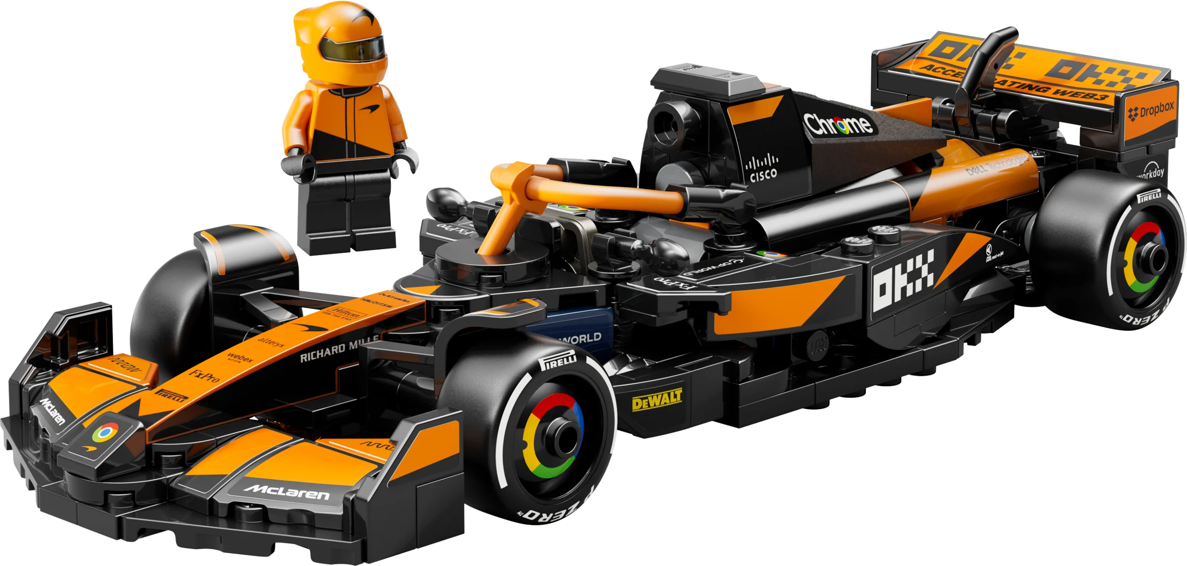 Imagine detaliată a mașinii McLaren F1 MCL38 cu un pilot Lego, negru și portocaliu.