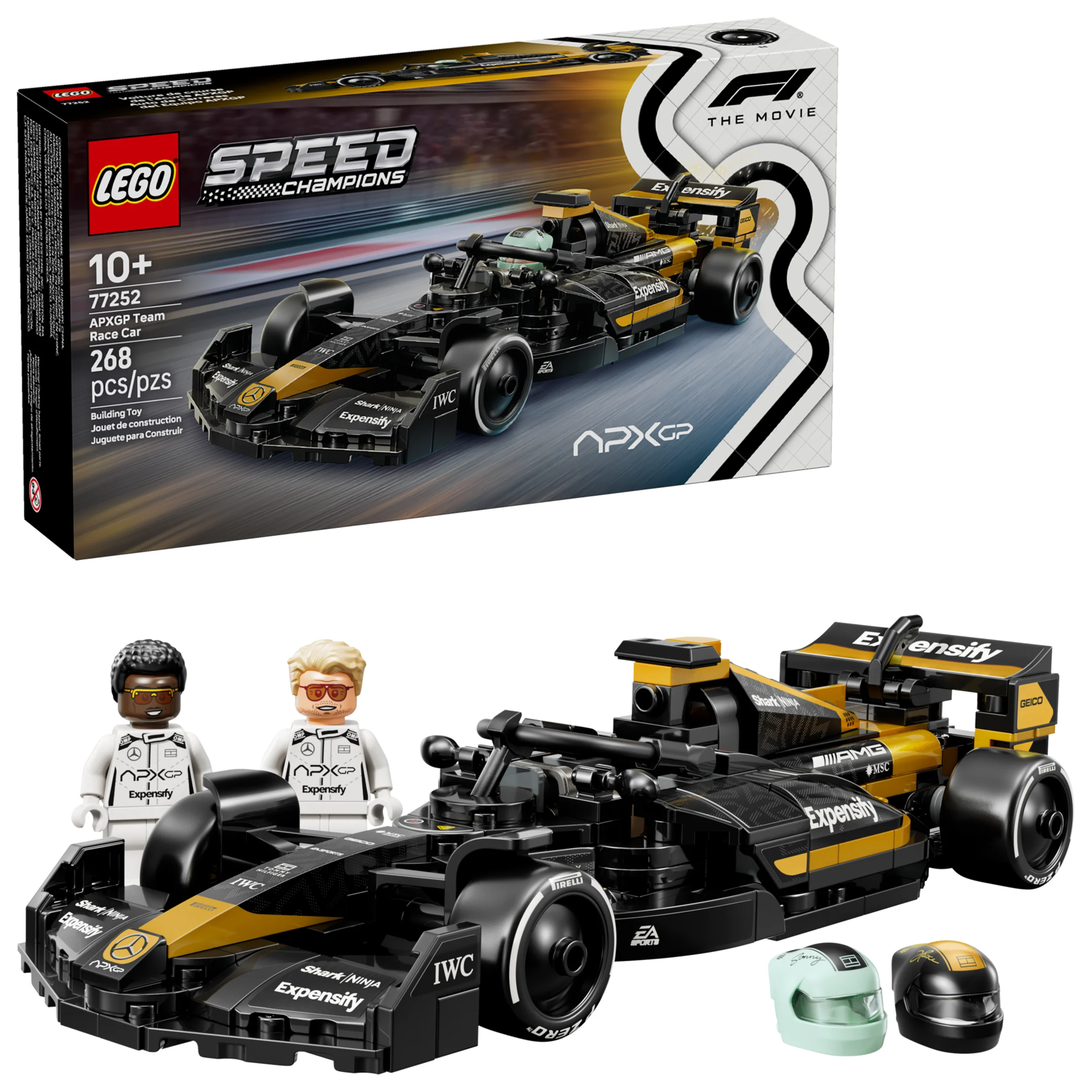 Imagine cu setul LEGO 77252, mașina de curse APXGP Team, cu minifigurine și cutie. Detalii clare.