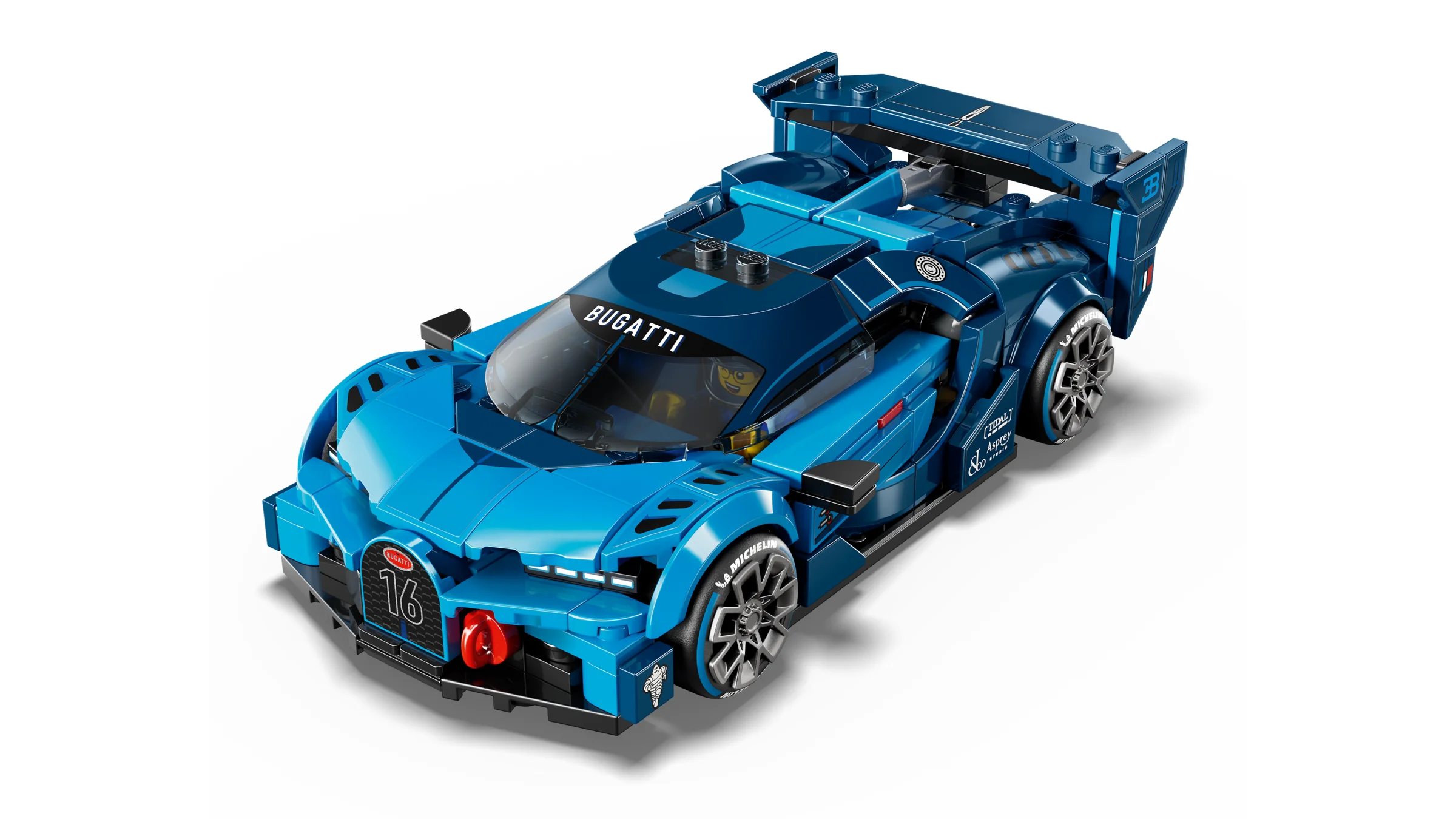 Modelul LEGO Bugatti Vision Gran Turismo, albastru, văzut de sus. Detalii precise.