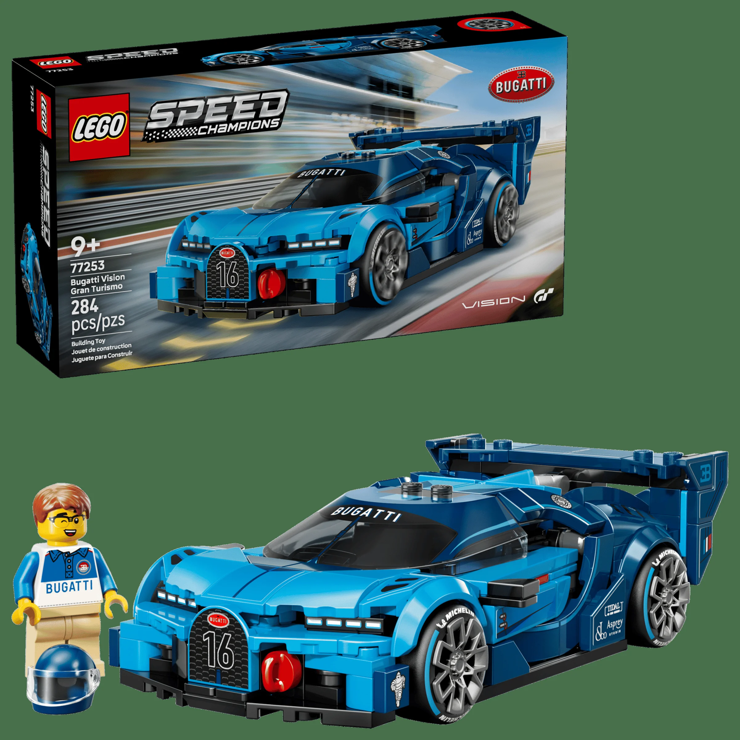 Prezentare produs LEGO 77253 Bugatti Vision Gran Turismo: mașină, cutie și minifigurină.