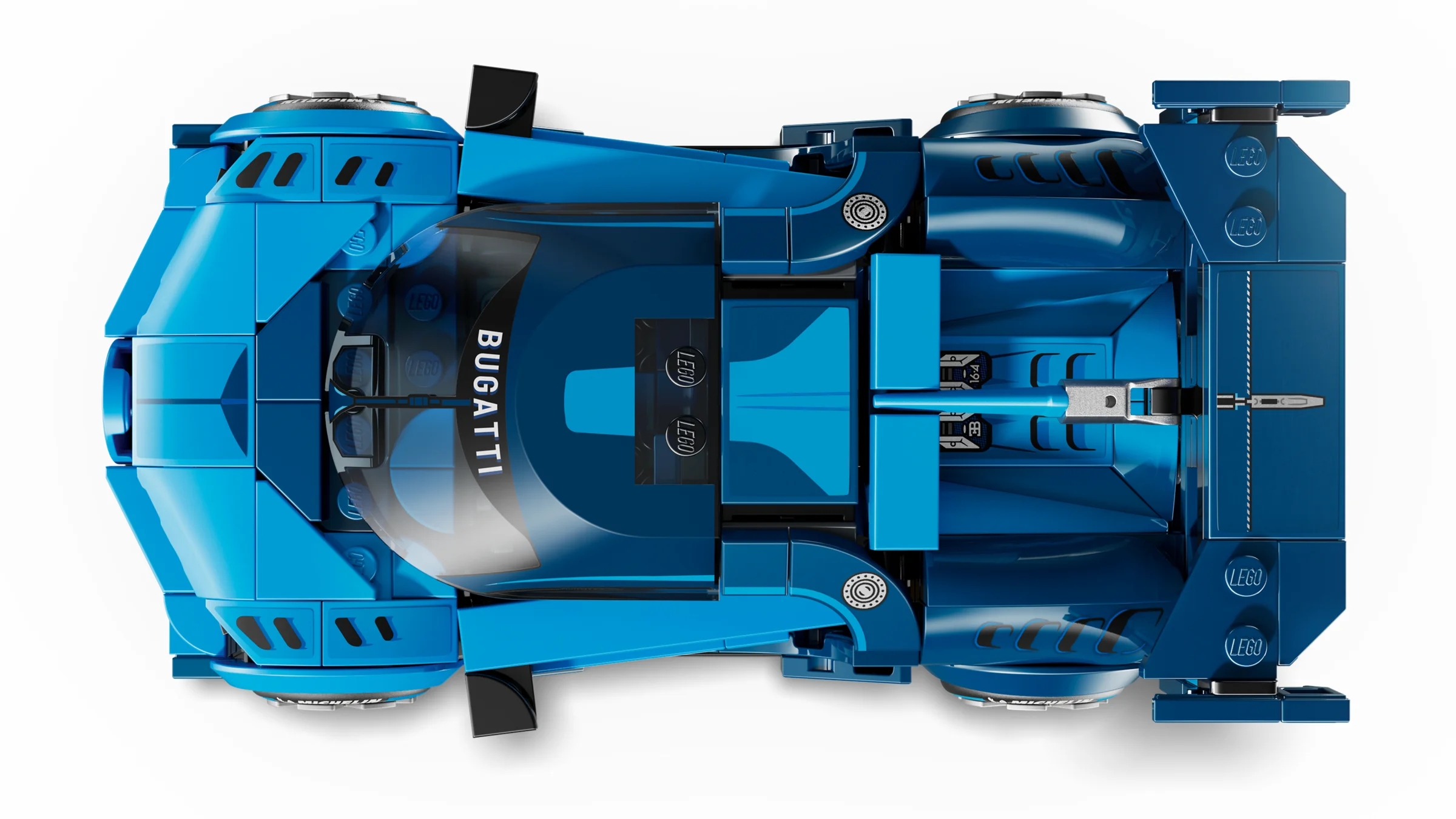 Imagine de sus a modelului LEGO Bugatti Vision Gran Turismo, albastru intens.