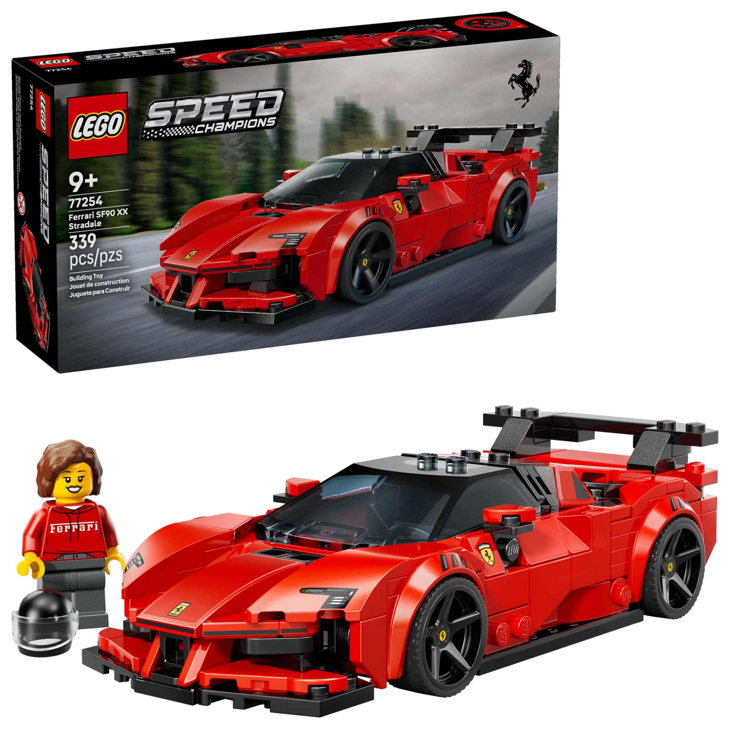 Imagine cu LEGO Ferrari SF90 XX Stradale (77254) și cutia, plus minifigurina pilot.