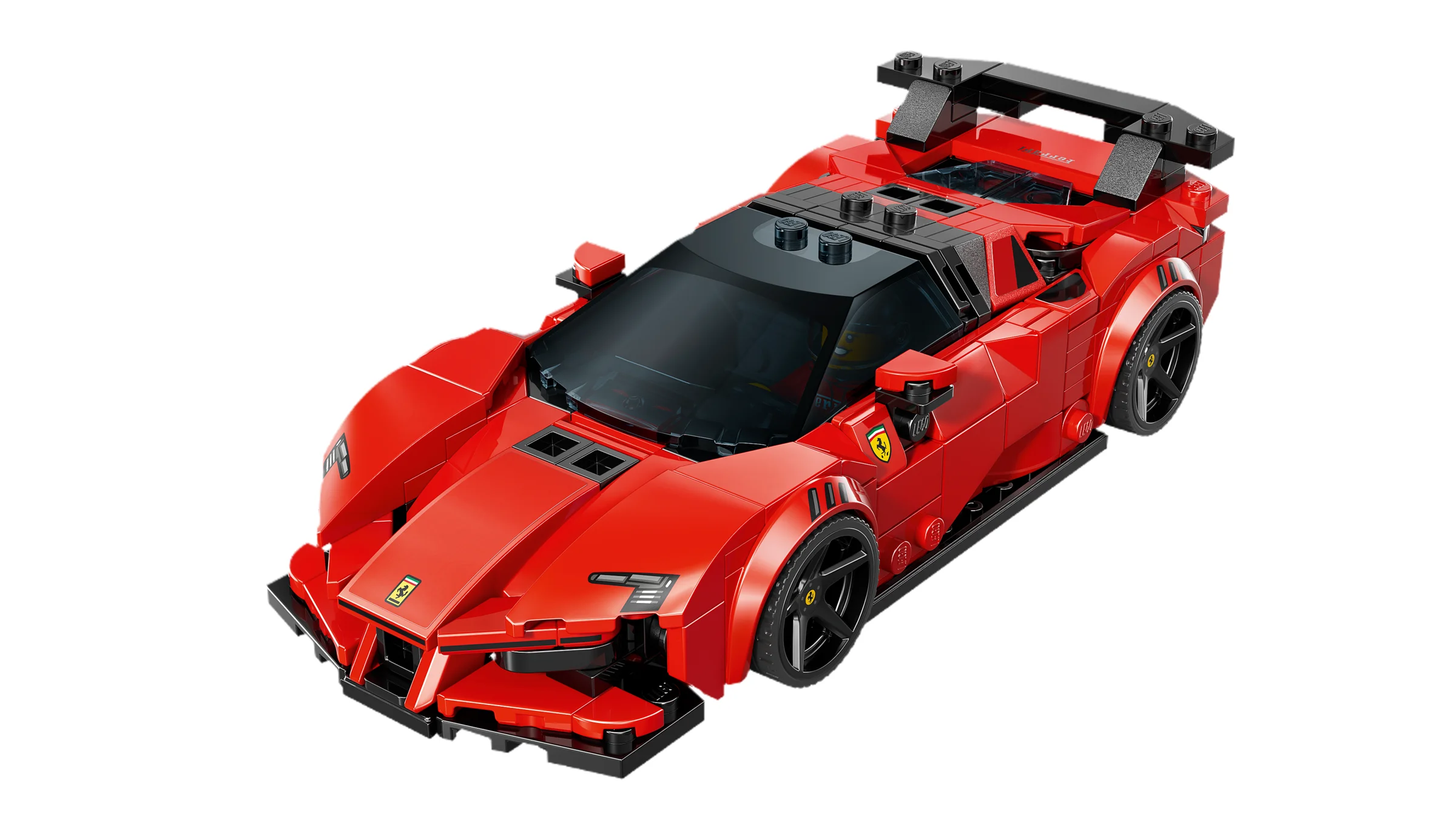 Ferrari SF90 XX Stradale LEGO roșu, detaliu din față și lateral dreapta. Model realist și atractiv.