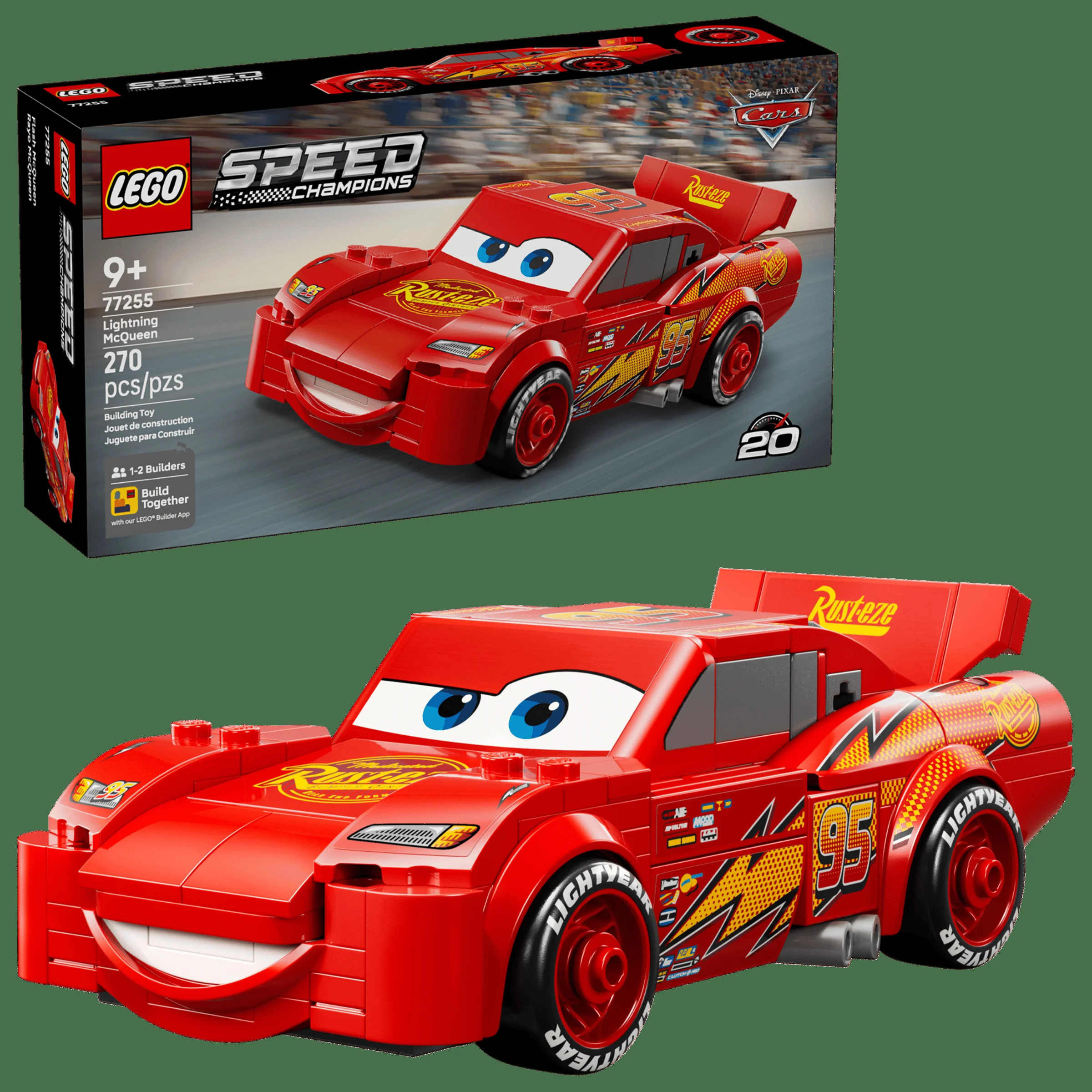 Imagine cu setul LEGO 77255 Lightning McQueen, arătând atât modelul construit, cât și cutia.