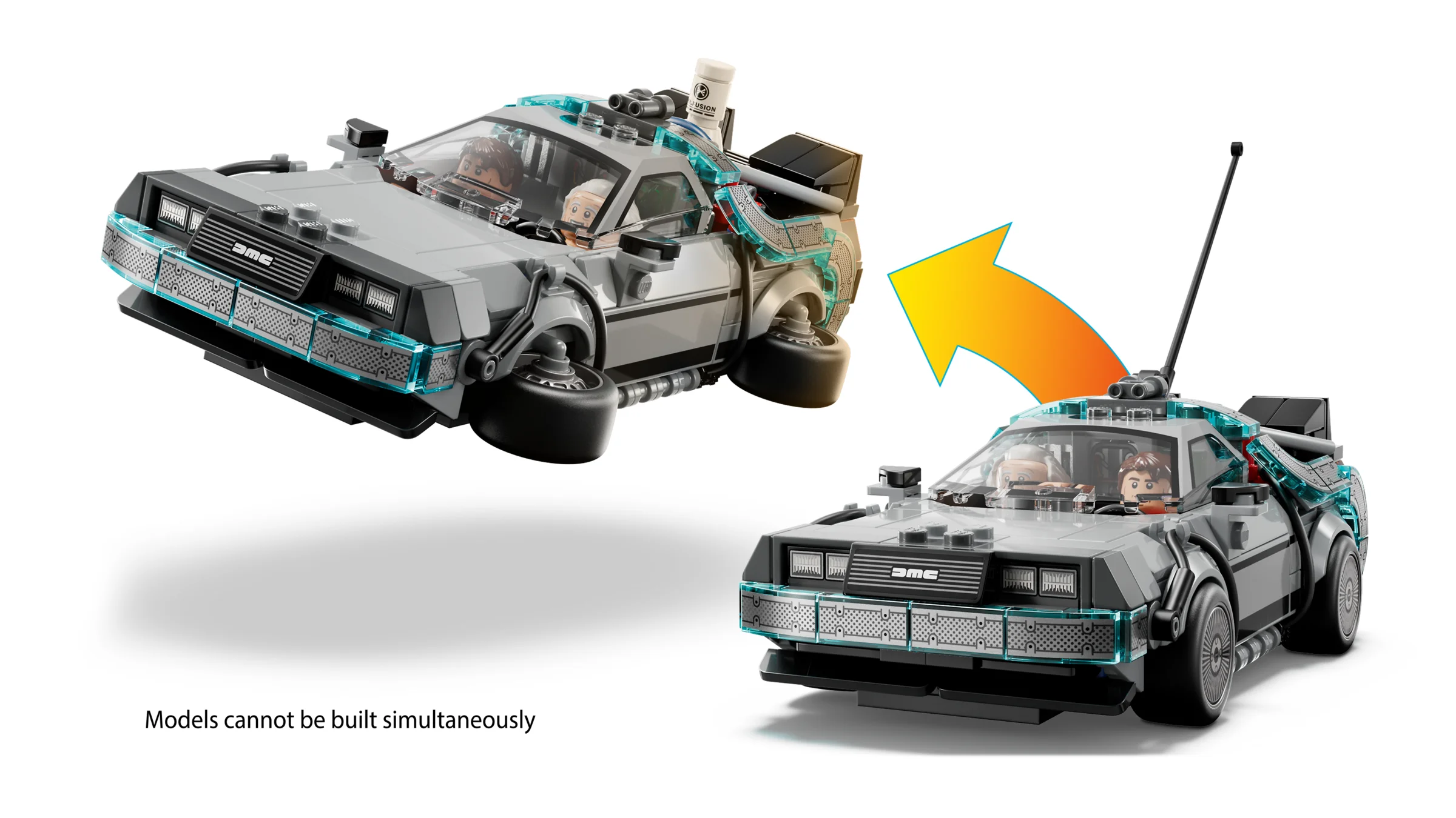 Imagine cu două mașini DeLorean din „Înapoi în Viitor”, una levitând, cu minifigurine înăuntru.