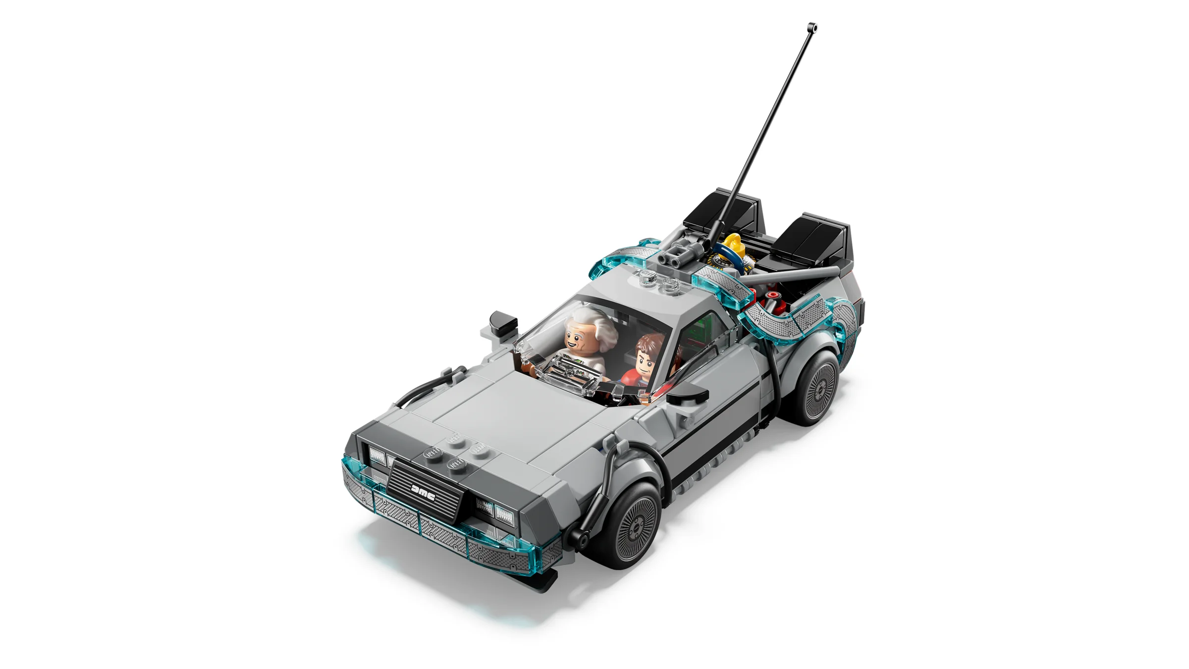 Mașina timpului DeLorean din „Înapoi în viitor”, cu minifigurinele Doc și Marty.