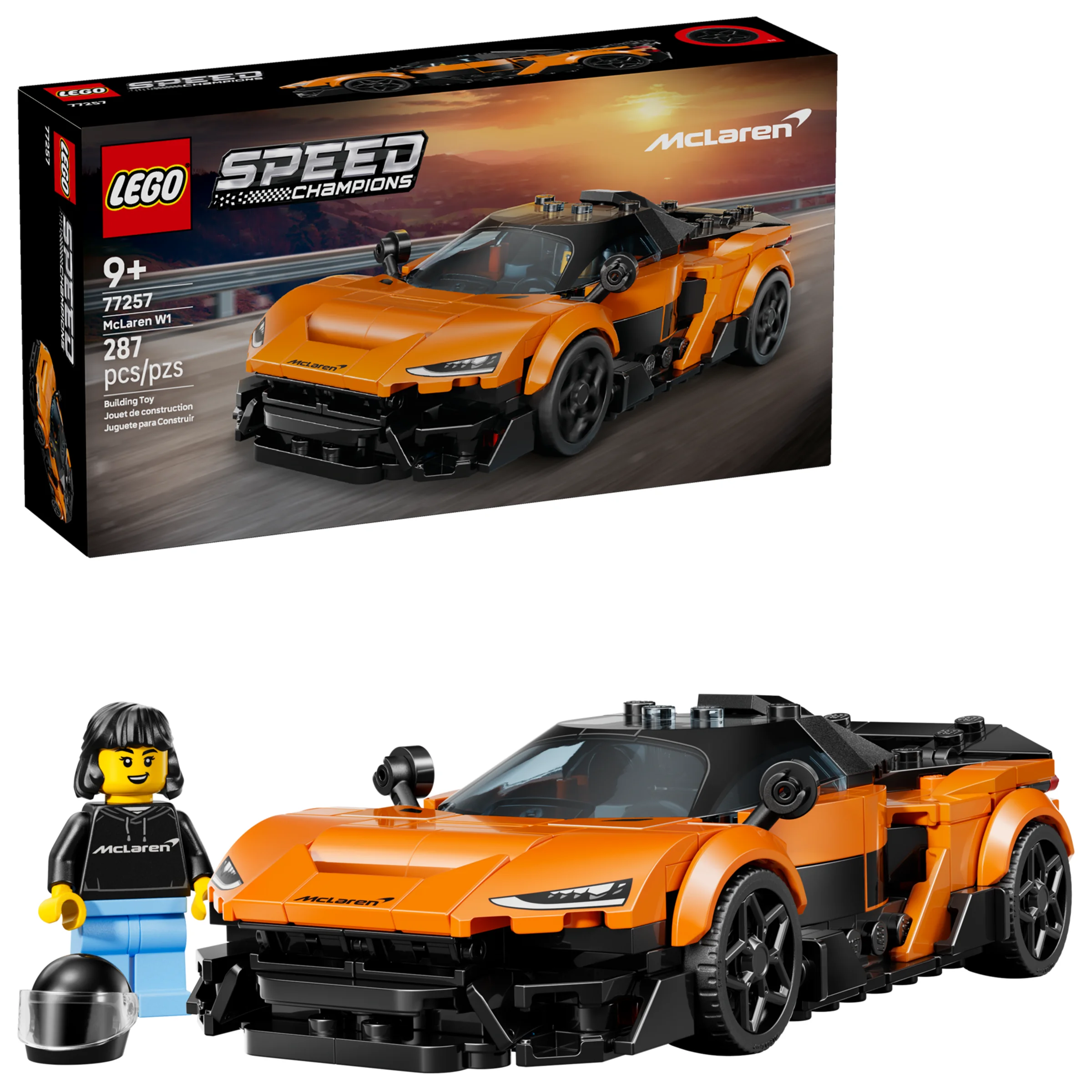 Imagine cu setul LEGO 77257 McLaren W1, incluzând cutia, mașina construită și o minifigurină.