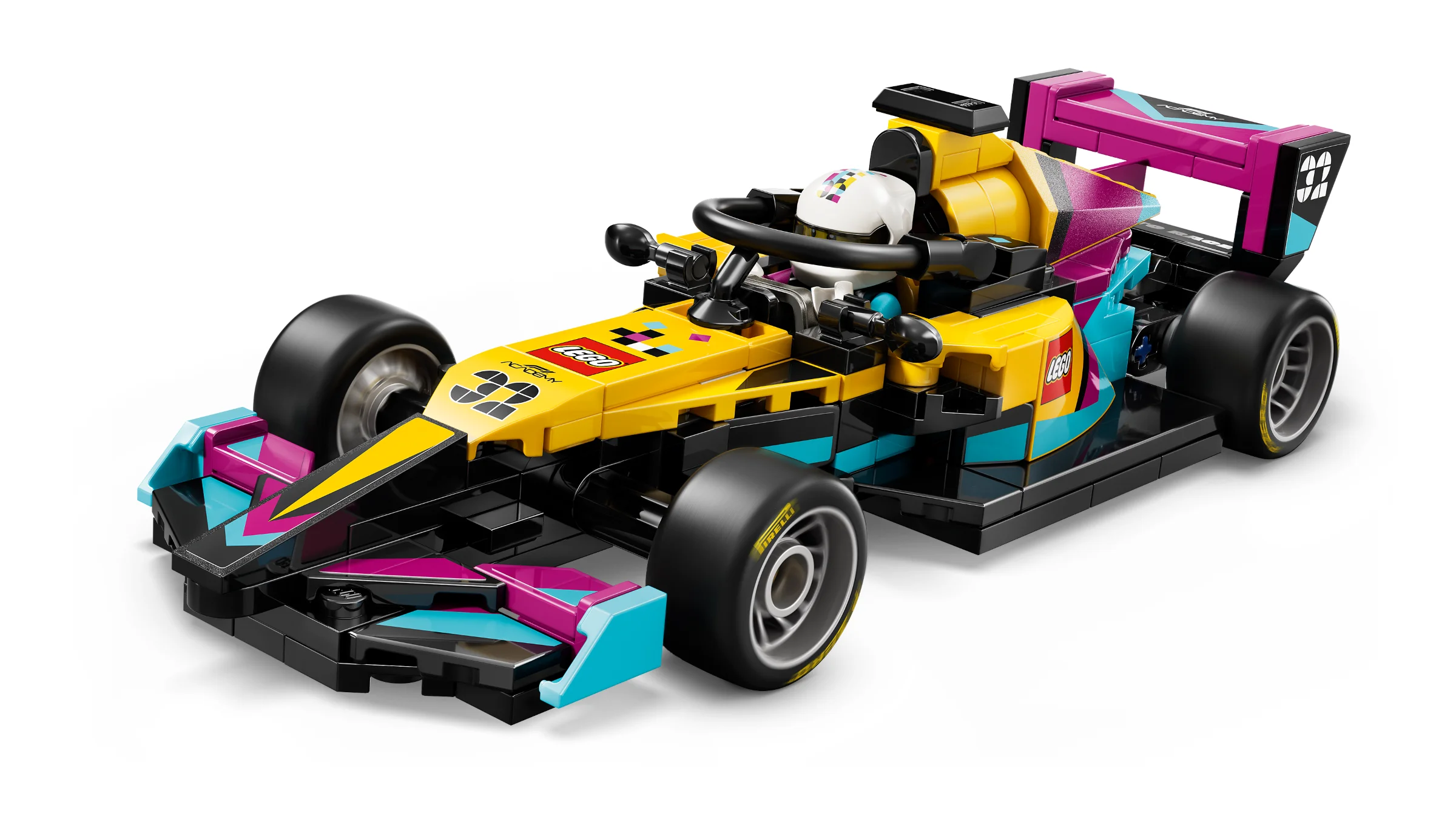 Imagine detaliată a mașinii de curse LEGO F1 ACADEMY, cu șofer. Culori vii și detalii realiste.