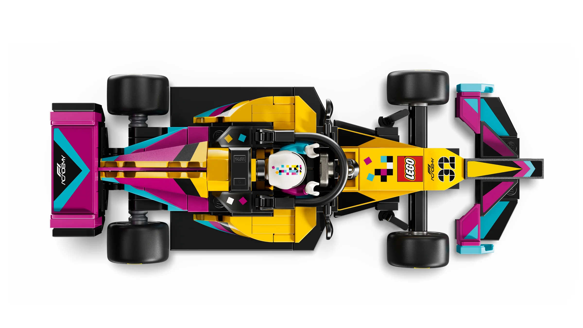 O vedere de sus a mașinii de curse F1 ACADEMY LEGO 77258, galbenă, mov și turcoaz.