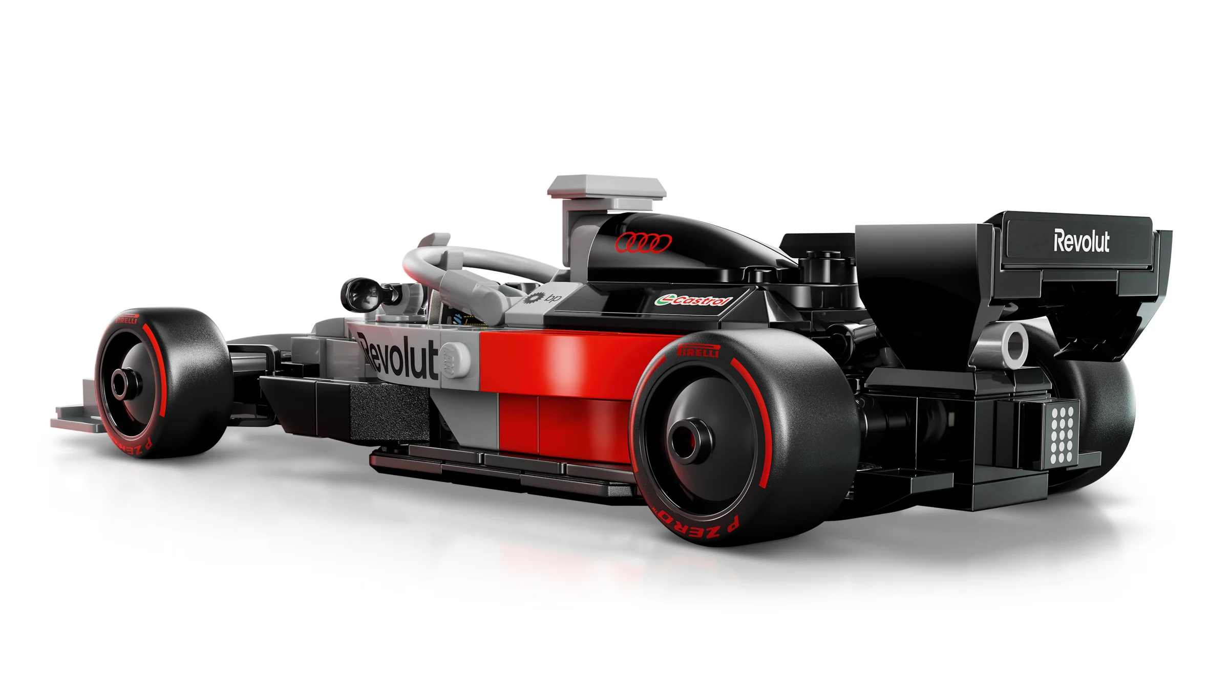 Mașină de curse Audi Revolut F1 Team R26, model detaliat LEGO, pe fundal alb.