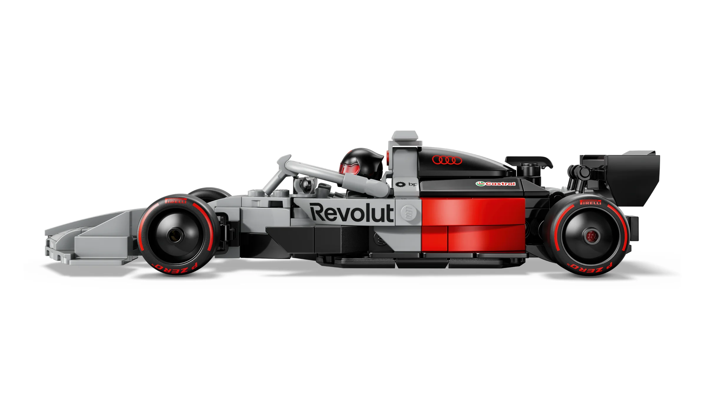 Modelul LEGO Audi Revolut F1, o mașină de curse elegantă și rapidă.