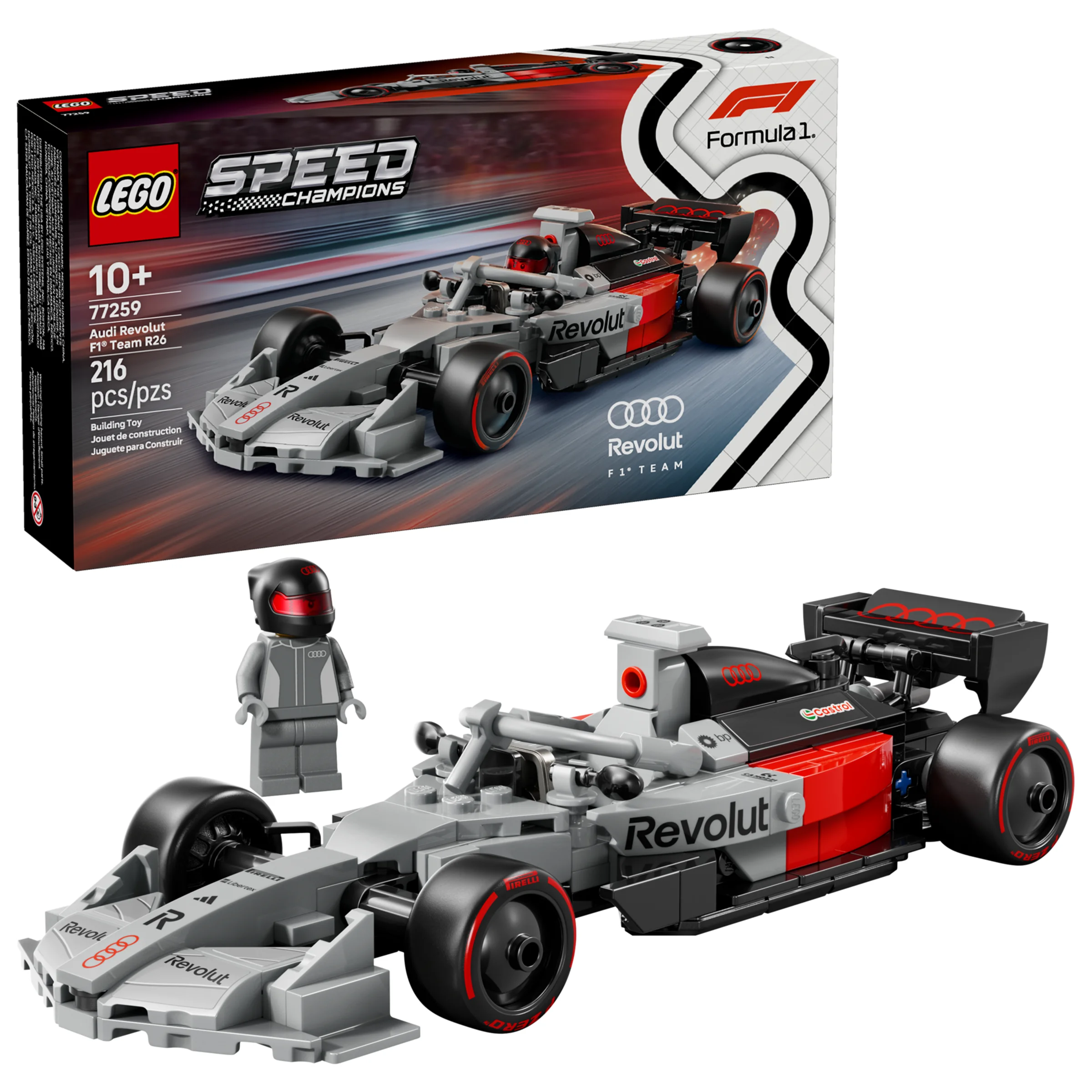 Imagine cu setul LEGO Audi Revolut F1 Team R26 și cutia, prezentând modelul și minifigurina.