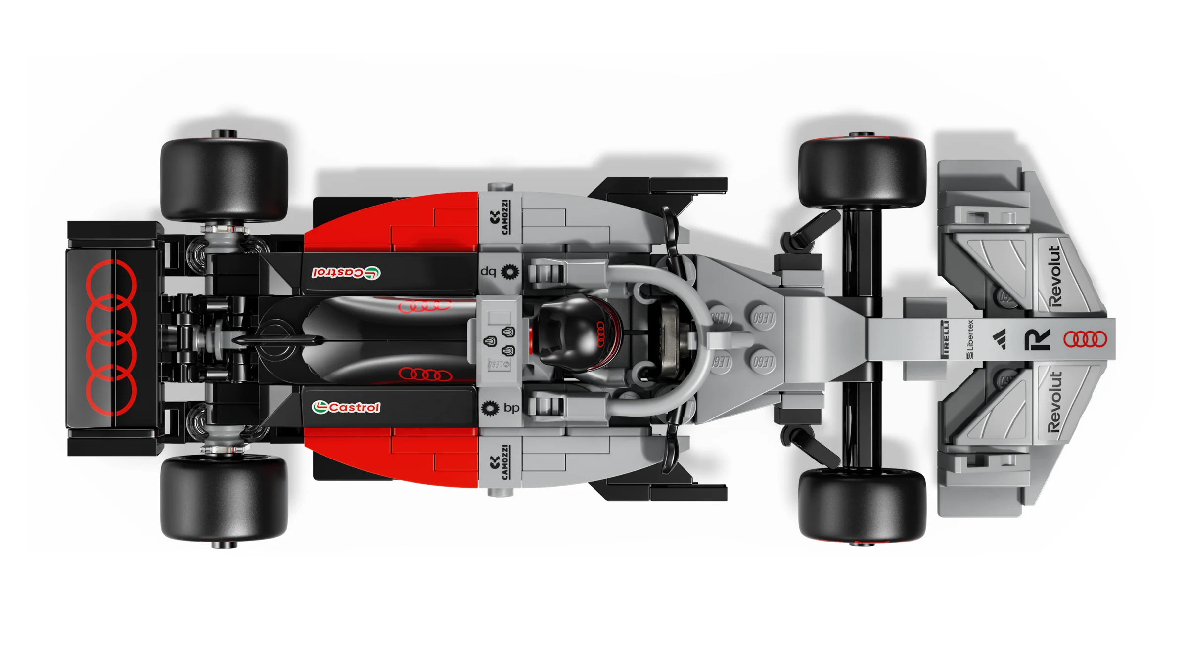 Imagine de sus a mașinii de curse Audi Revolut F1, cu detalii ale sponsorilor și designului.