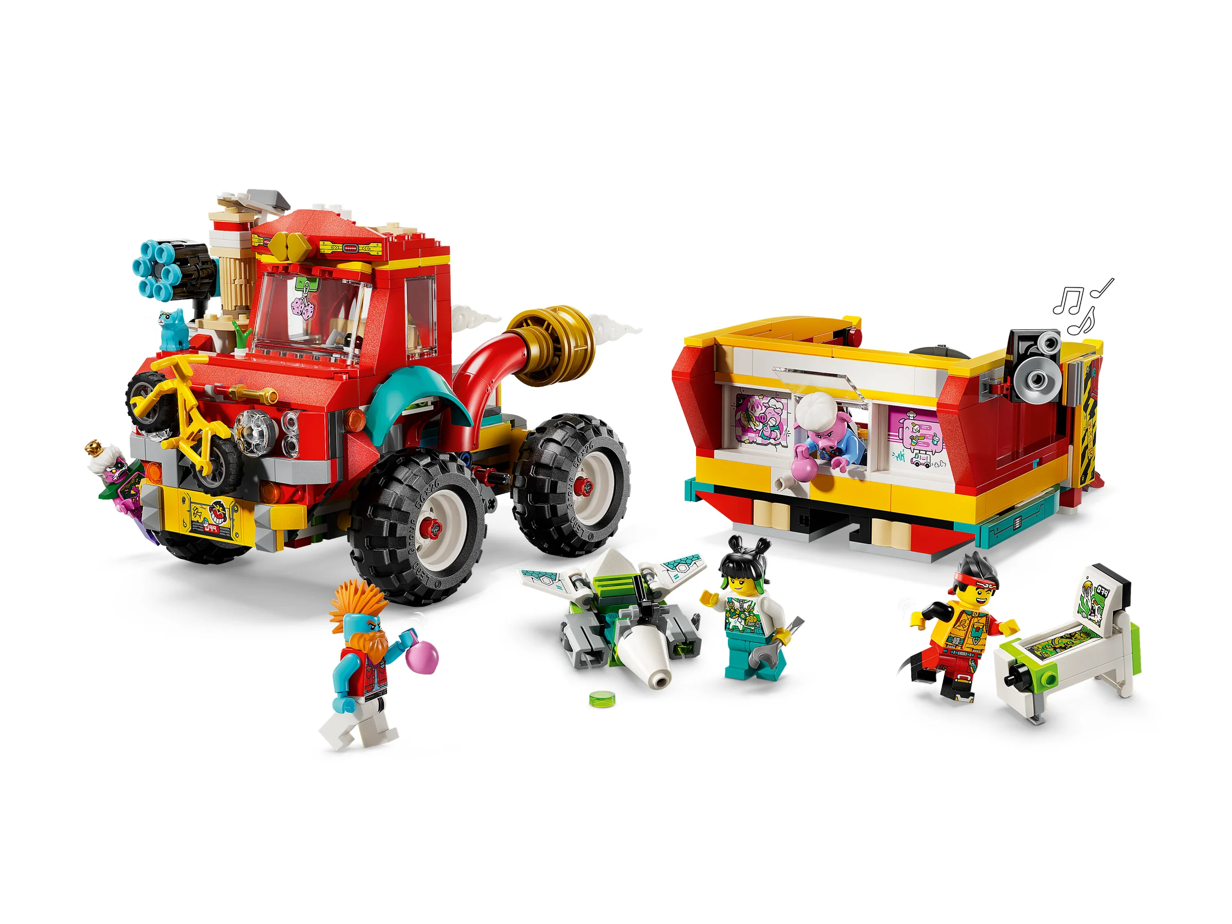 Camionul plin de putere al echipei Monkie Kid, cu minifigurine și accesorii. Distracție garantată!