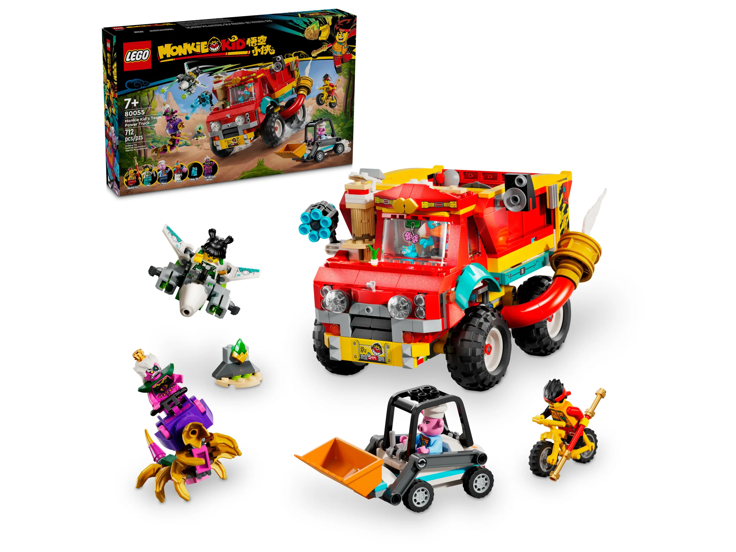 Camionul de putere Monkie Kid 80055 și minifigurinele. Un set complex, atractiv pentru fani.