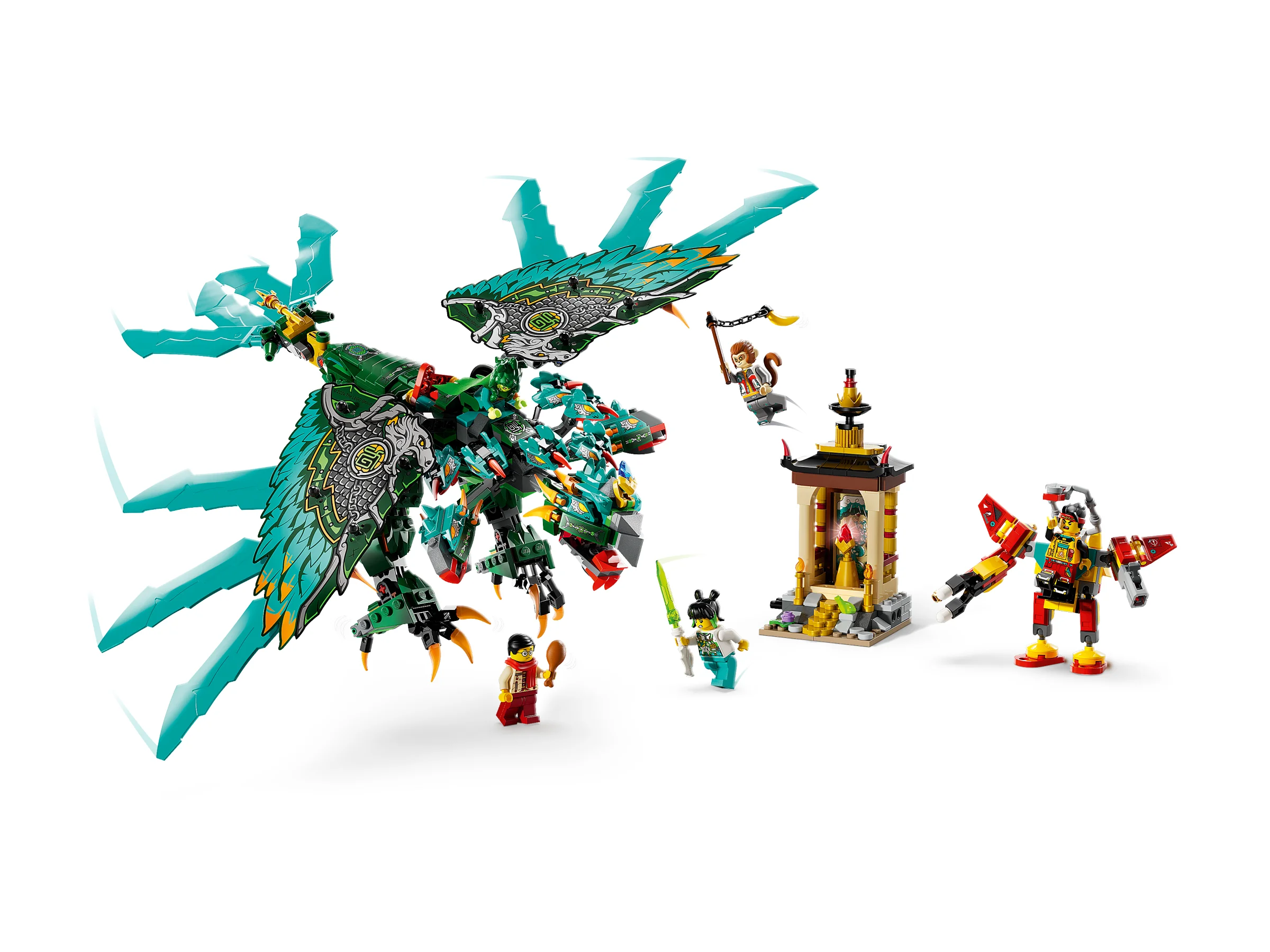 Imagine cu setul LEGO Monkie Kid 80056, Bestia cu Nouă Capete, într-o scenă de acțiune.