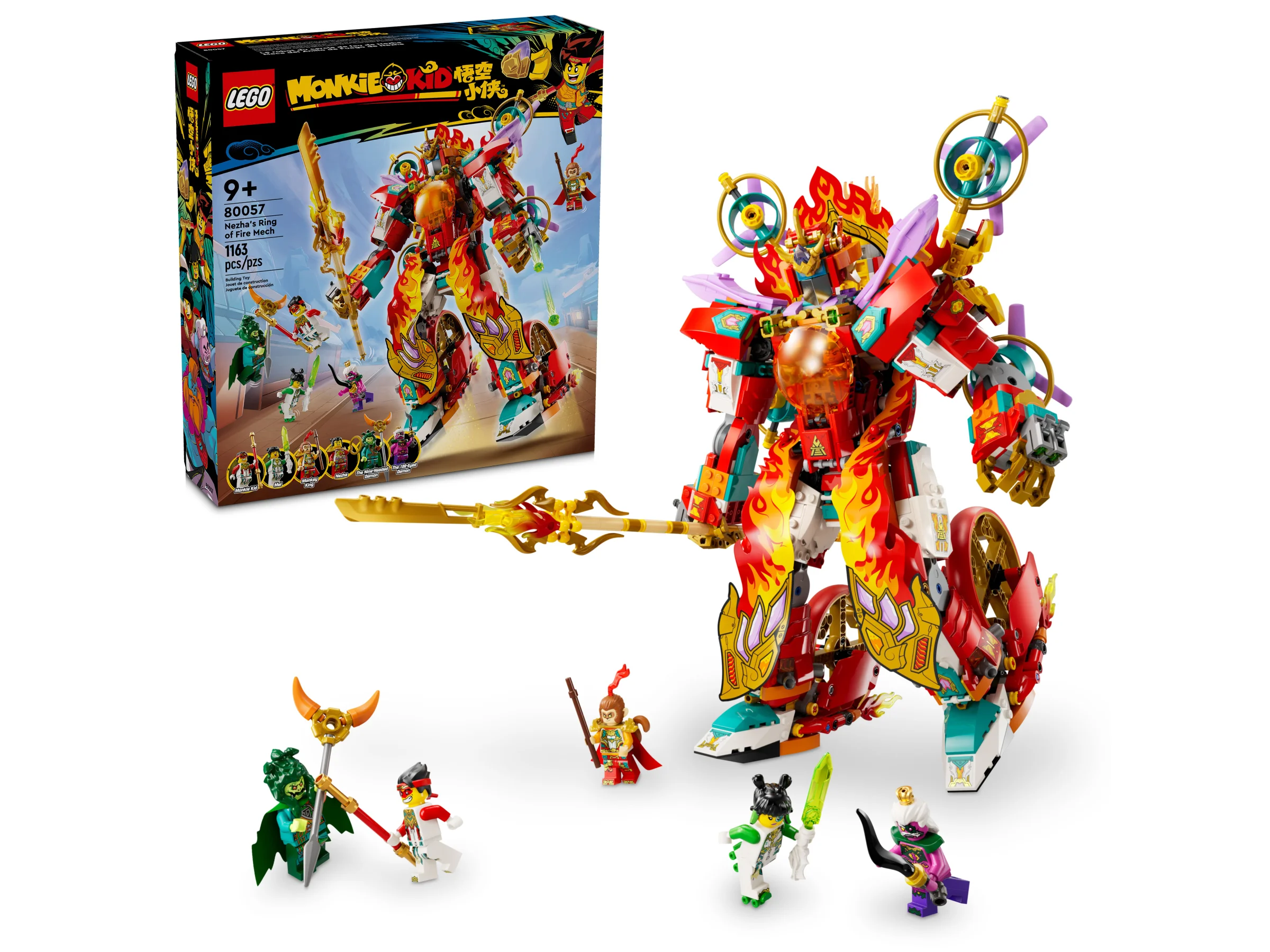 Imagine cu setul LEGO Monkie Kid 80057: Nezha's Ring of Fire Mech, cu cutia și minifigurinele.