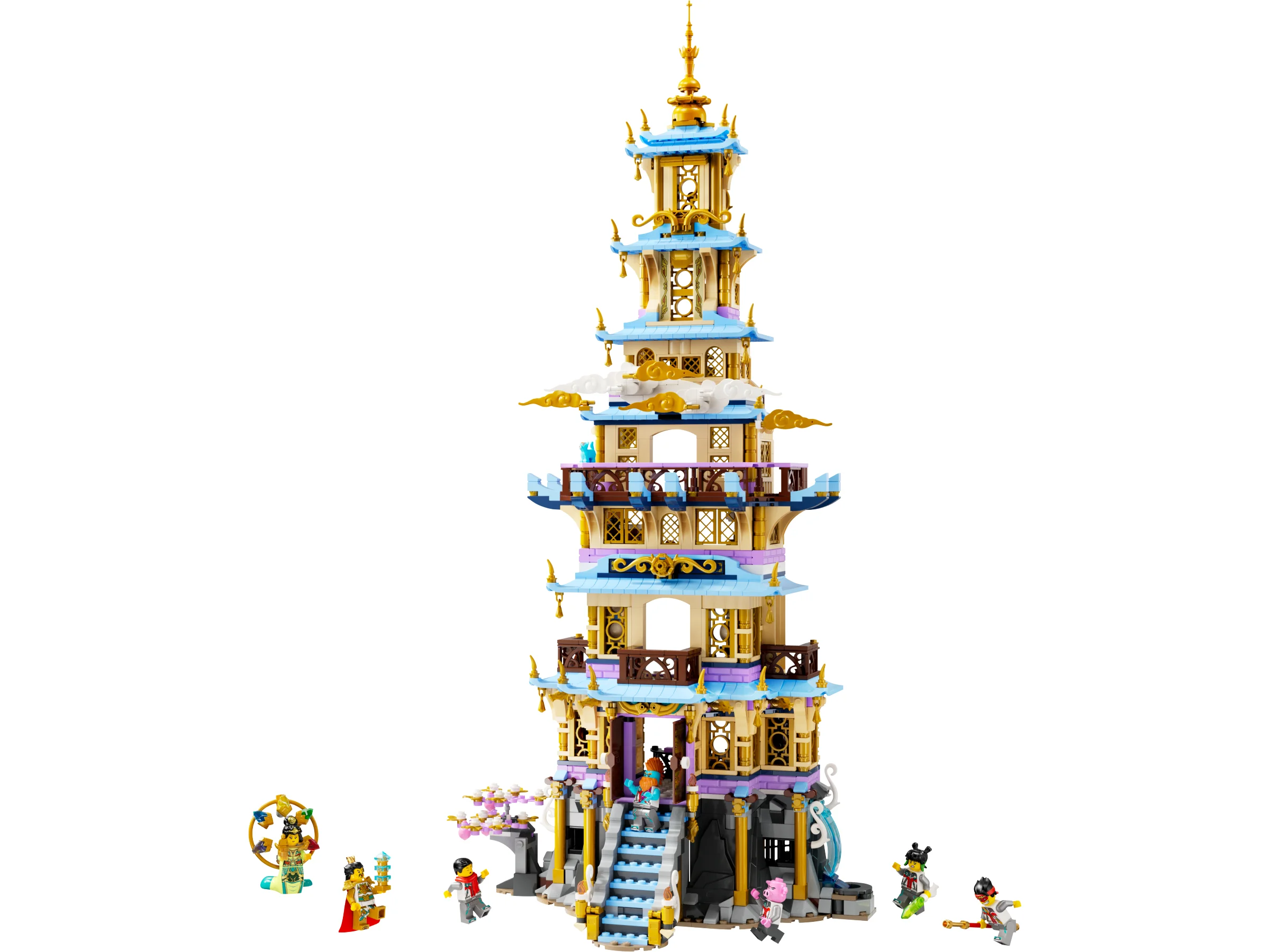 Pagoda Celestială LEGO Monkie Kid 80058, un model complex și colorat, cu minifigurine.