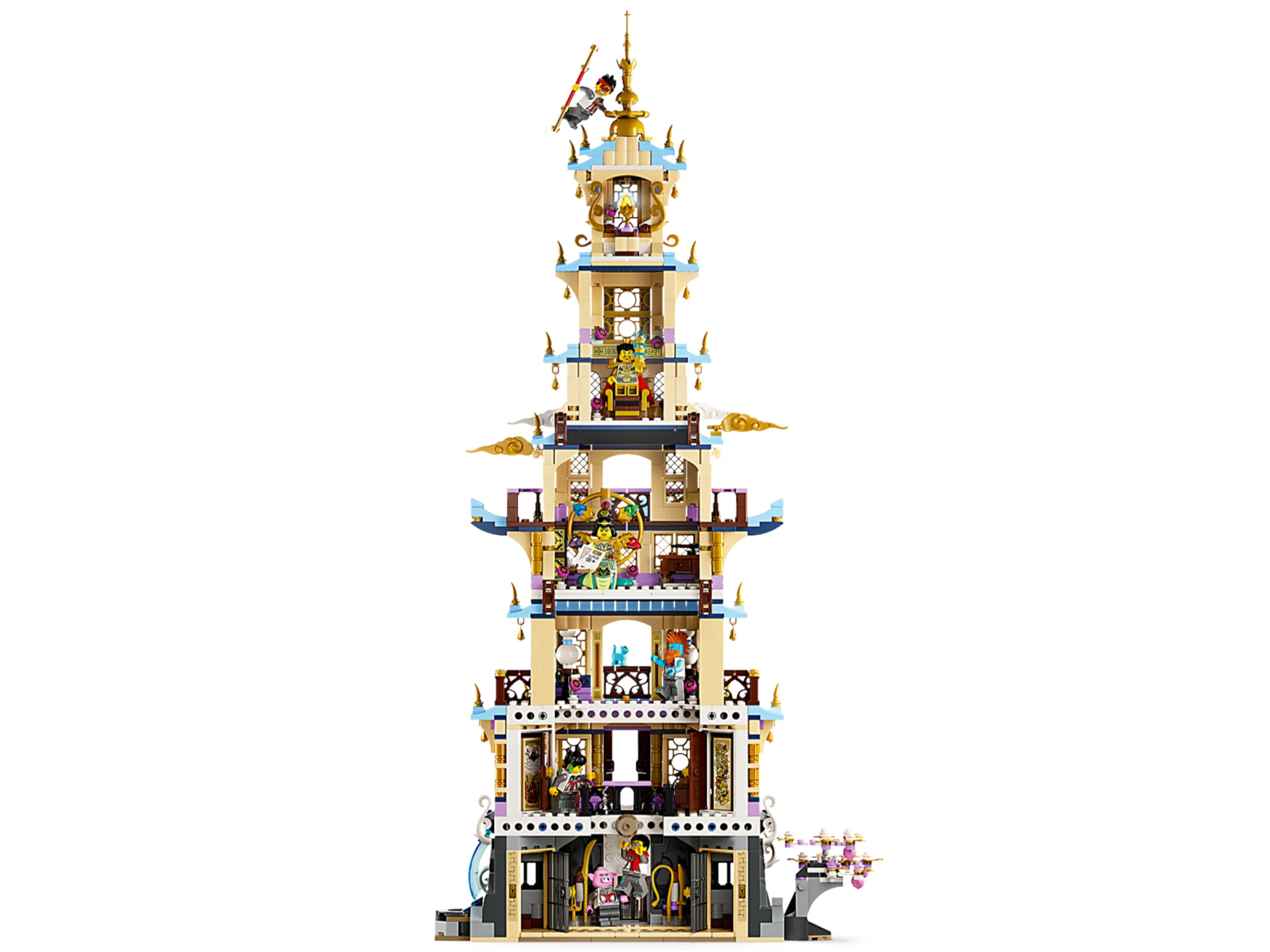 Imagine cu pagoda cerească LEGO Monkie Kid, înaltă și plină de detalii.