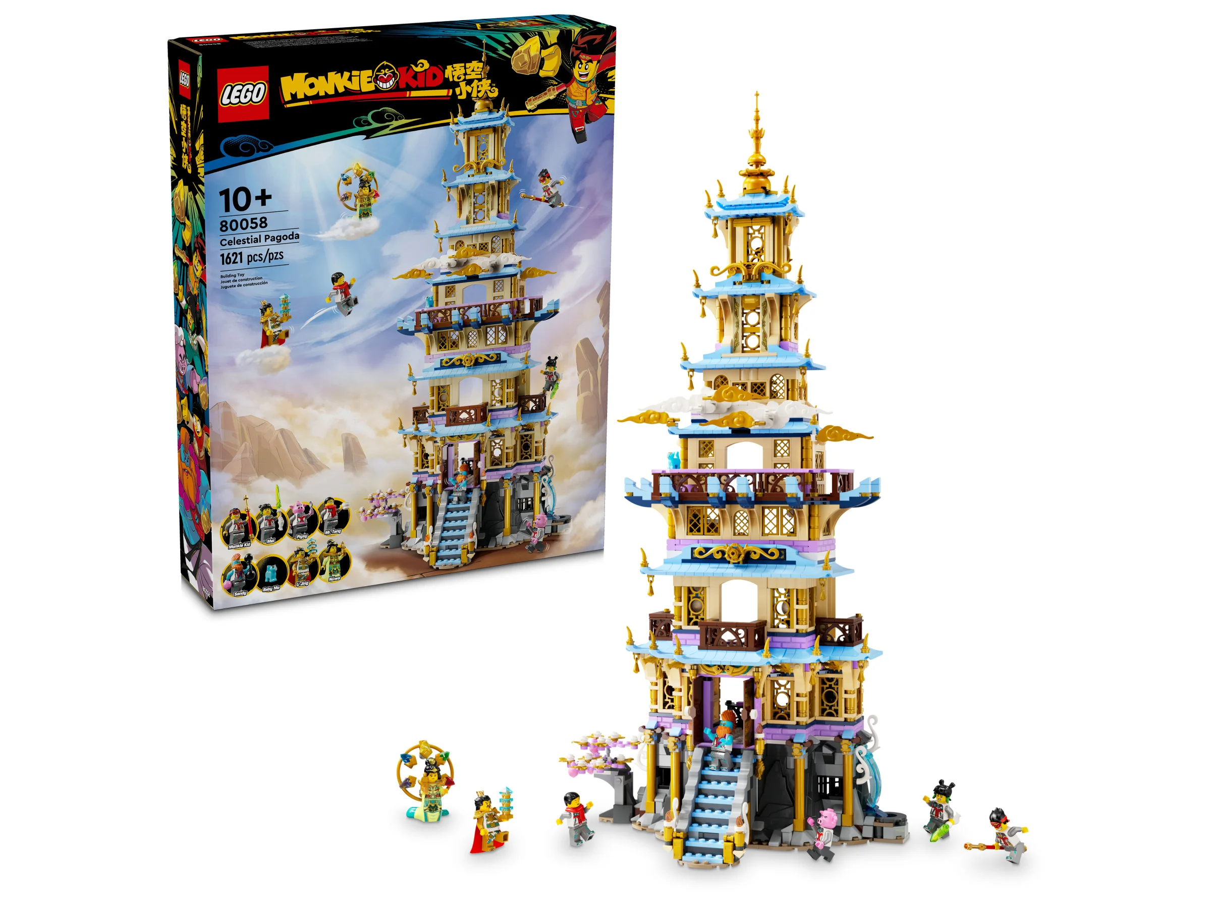 Prezentare produs LEGO Monkie Kid 80058, Pagoda Celestă, cu cutia și minifigurinele.