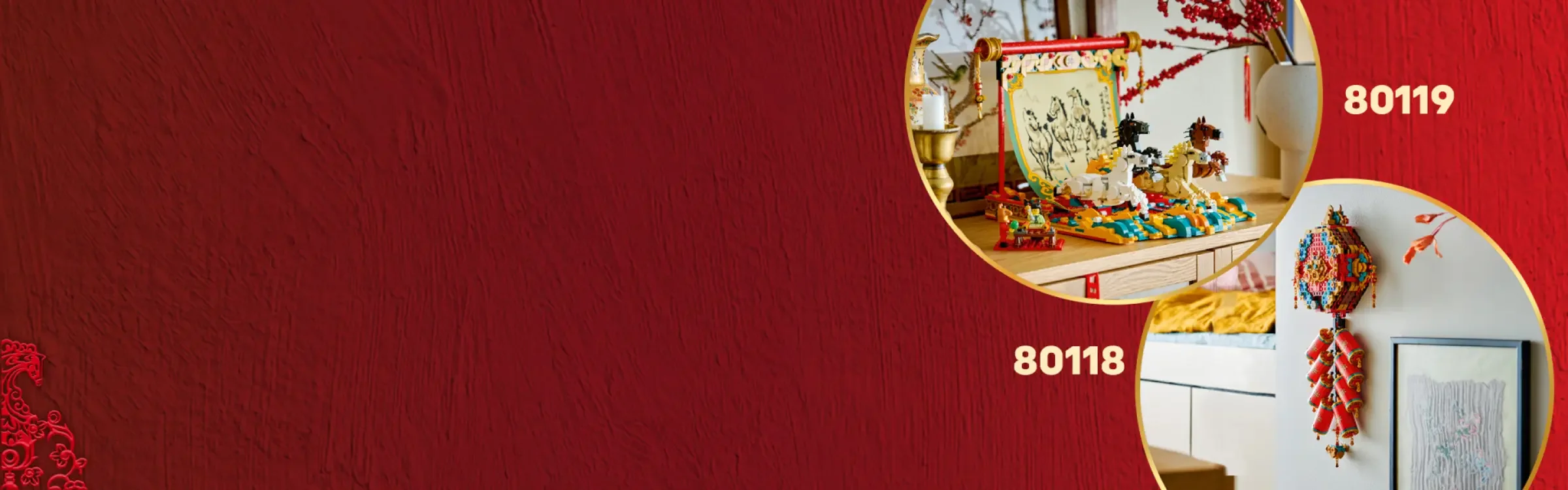 Imagine cu modelul LEGO 80118 Fortune Firecracker montat, decorativ. Detaliul este pus pe petarde.