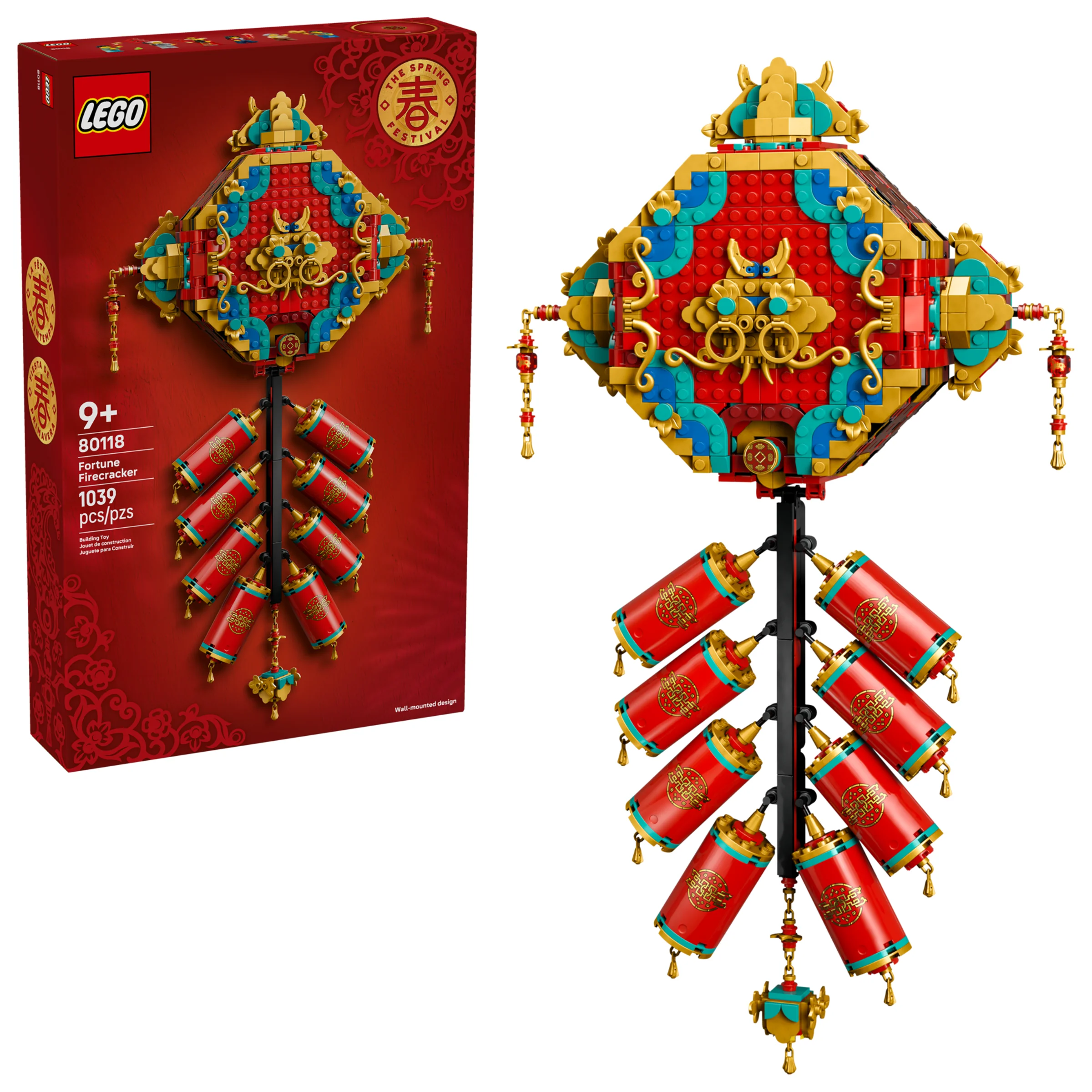 Imagine cu setul LEGO 80118 Fortune Firecracker și cutia sa, prezentând designul detaliat.