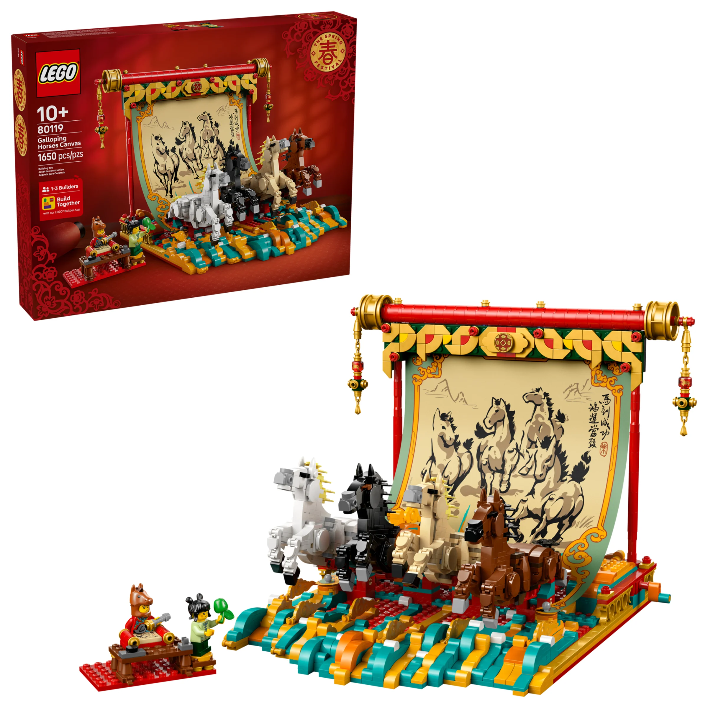 Imagine cu setul LEGO 80119, „Pânza Cailor Galopanți”, prezentând modelul complet și cutia.