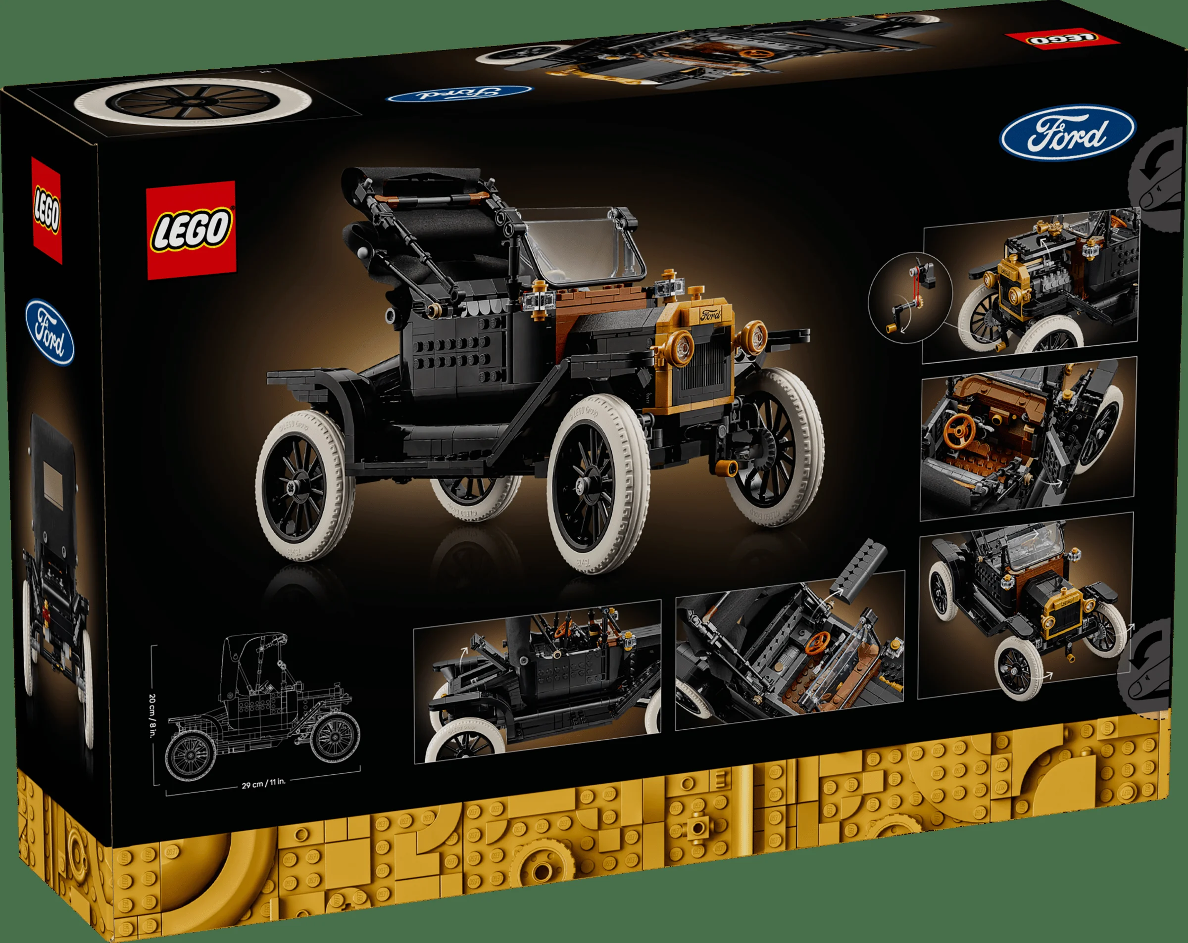 Cutie LEGO cu Ford Model T. Detalii și caracteristici ale modelului sunt evidențiate. 