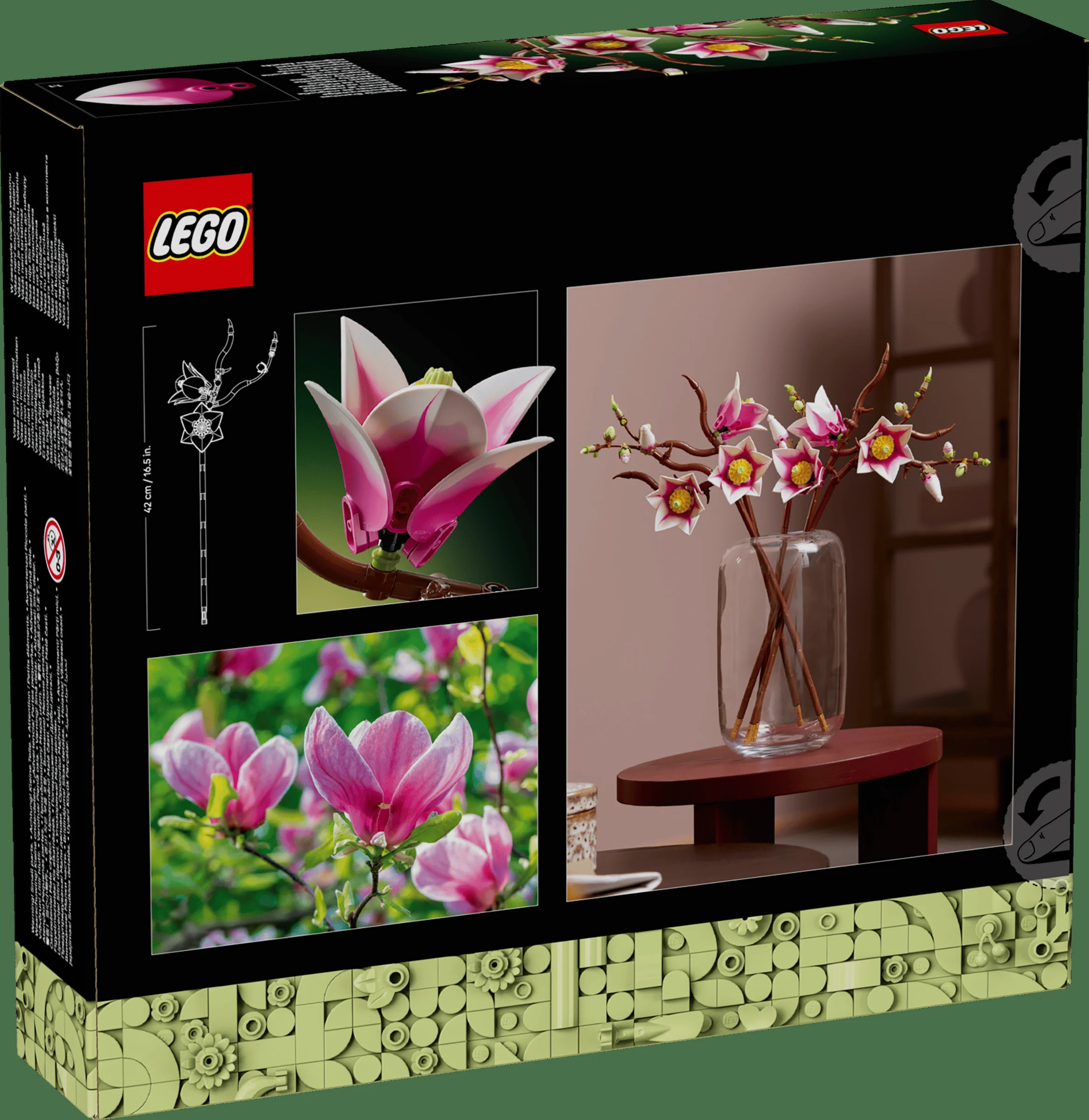 Cutia LEGO® Magnolia Branches prezintă modelul asamblat și detalii despre dimensiuni, într-un design elegant.